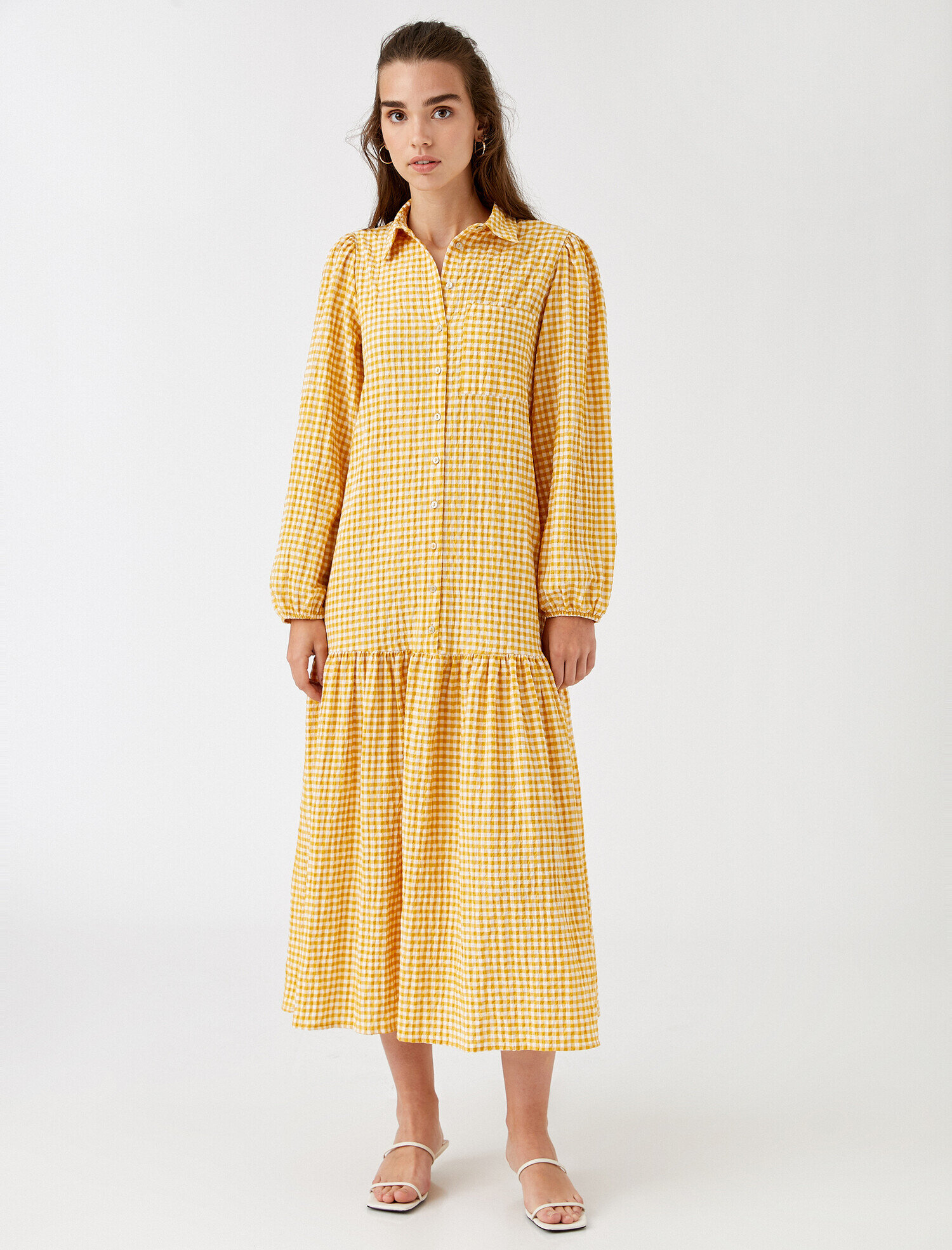   Çiçekli Önden Düğmeli Uzun Gömlek Elbise