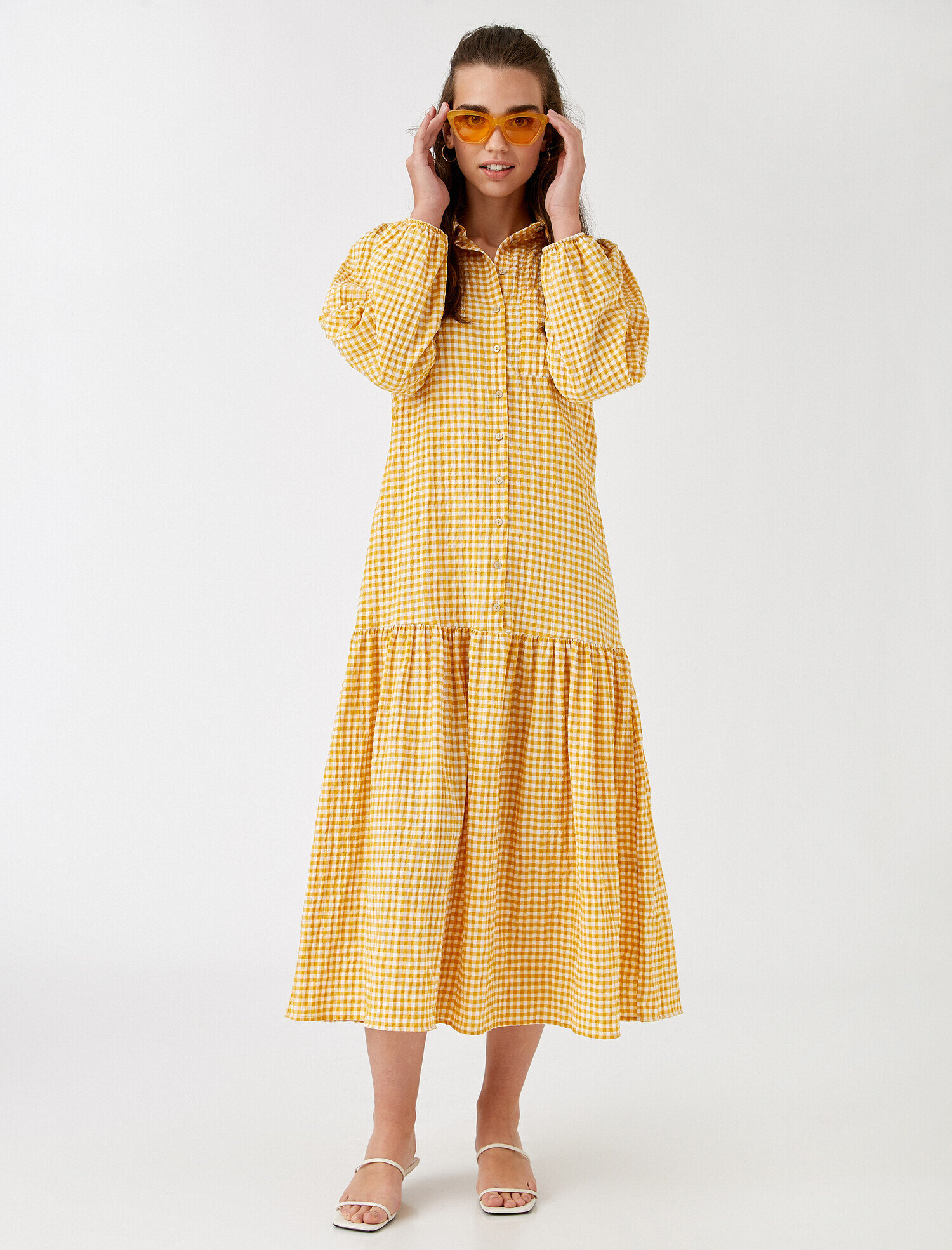   Çiçekli Önden Düğmeli Uzun Gömlek Elbise