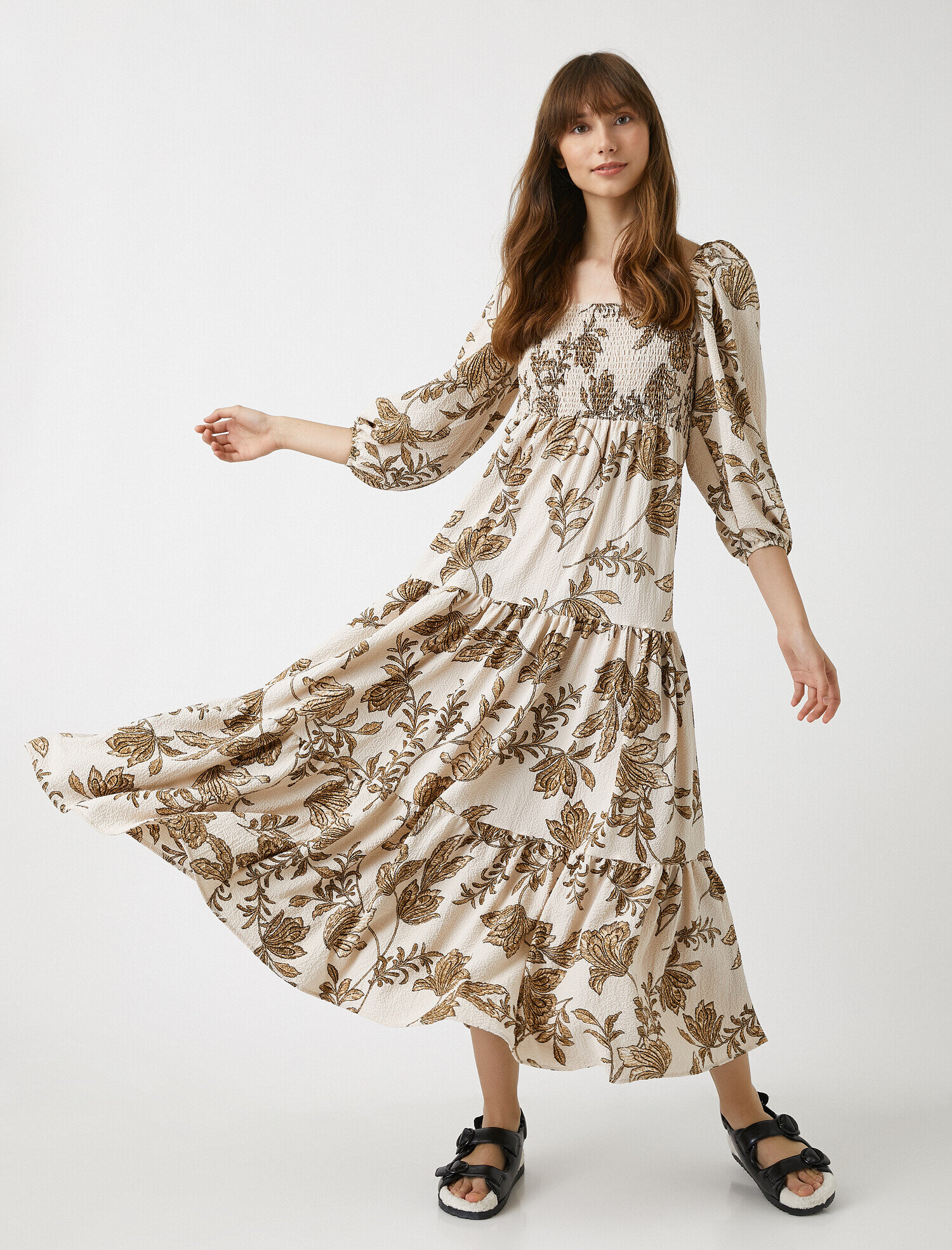   Çiçek Desenli Midi Elbise Gipeli 3/4 Kol Volanlı