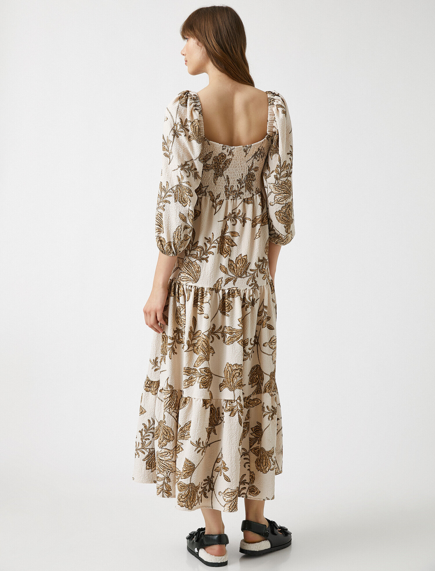   Çiçek Desenli Midi Elbise Gipeli 3/4 Kol Volanlı