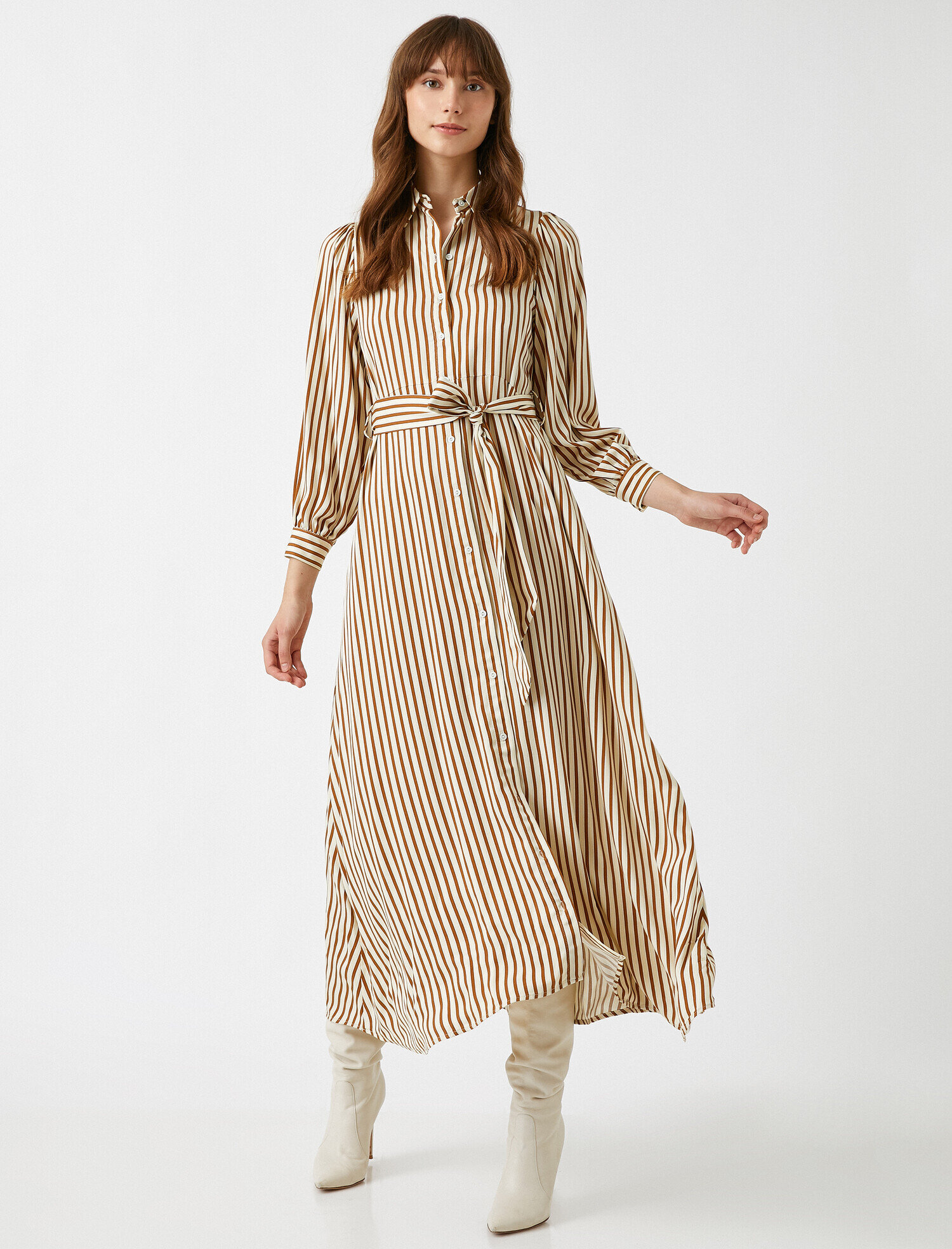   Çizgili Gömlek Elbise Beli Kuşaklı Maxi Uzun Kollu