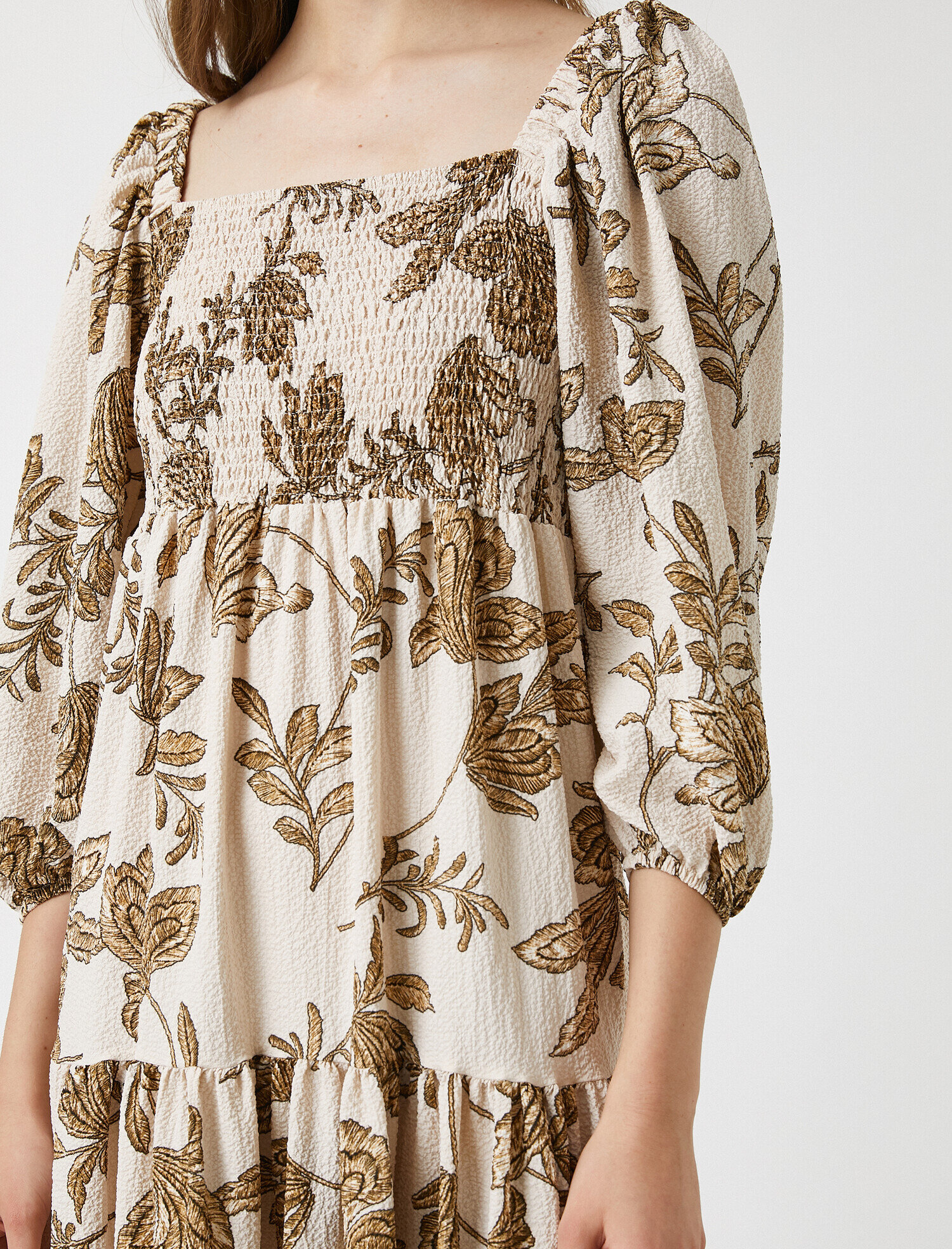   Çiçek Desenli Midi Elbise Gipeli 3/4 Kol Volanlı