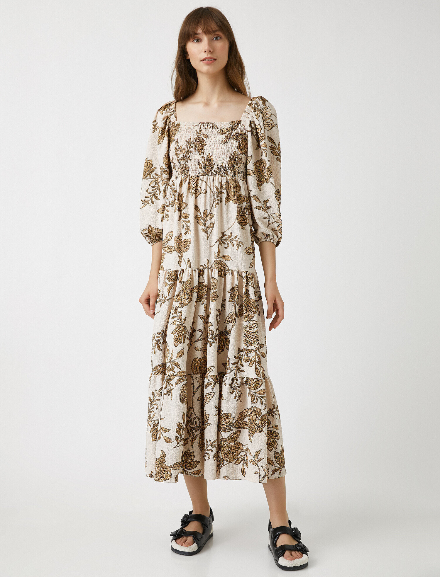   Çiçek Desenli Midi Elbise Gipeli 3/4 Kol Volanlı