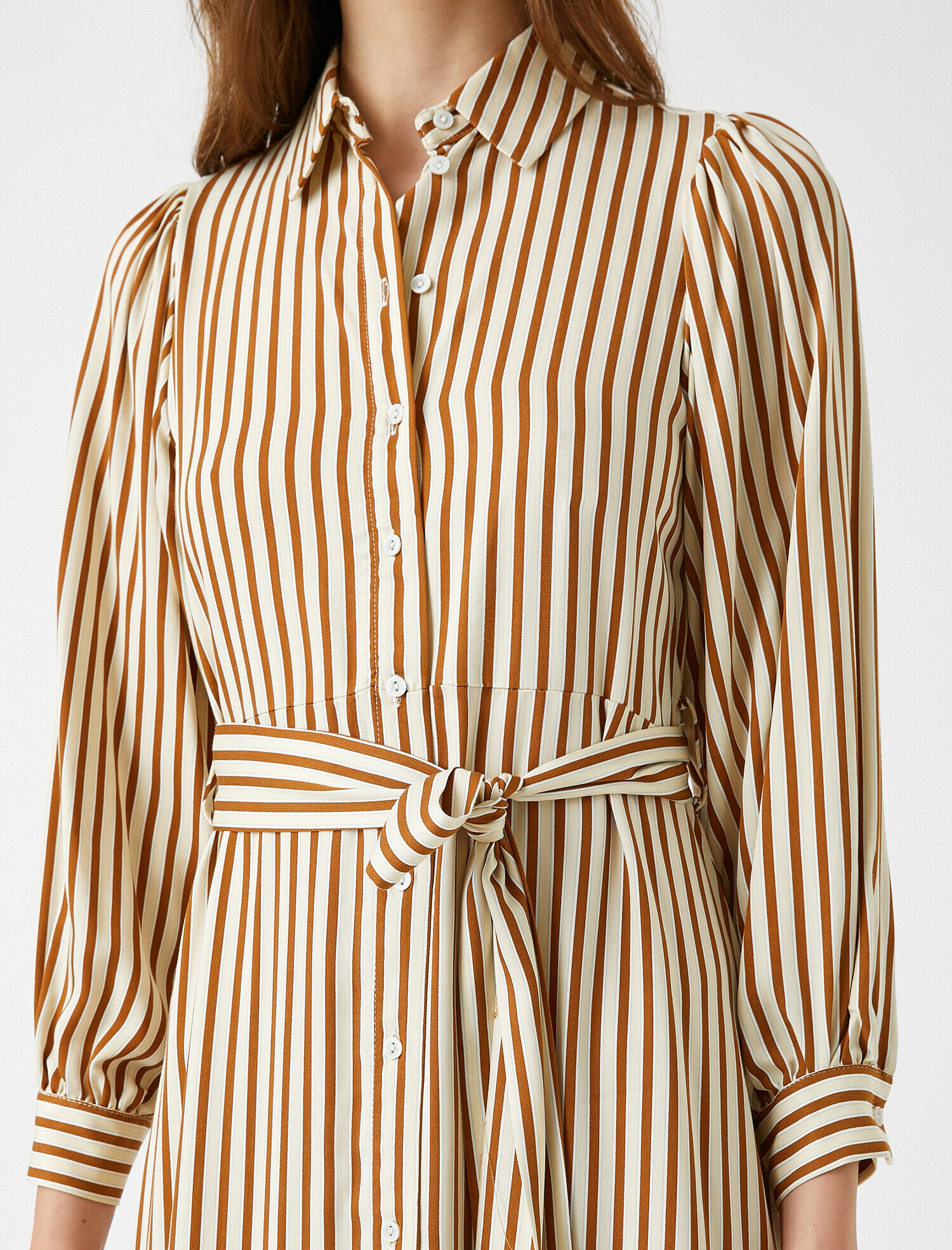   Çizgili Gömlek Elbise Beli Kuşaklı Maxi Uzun Kollu