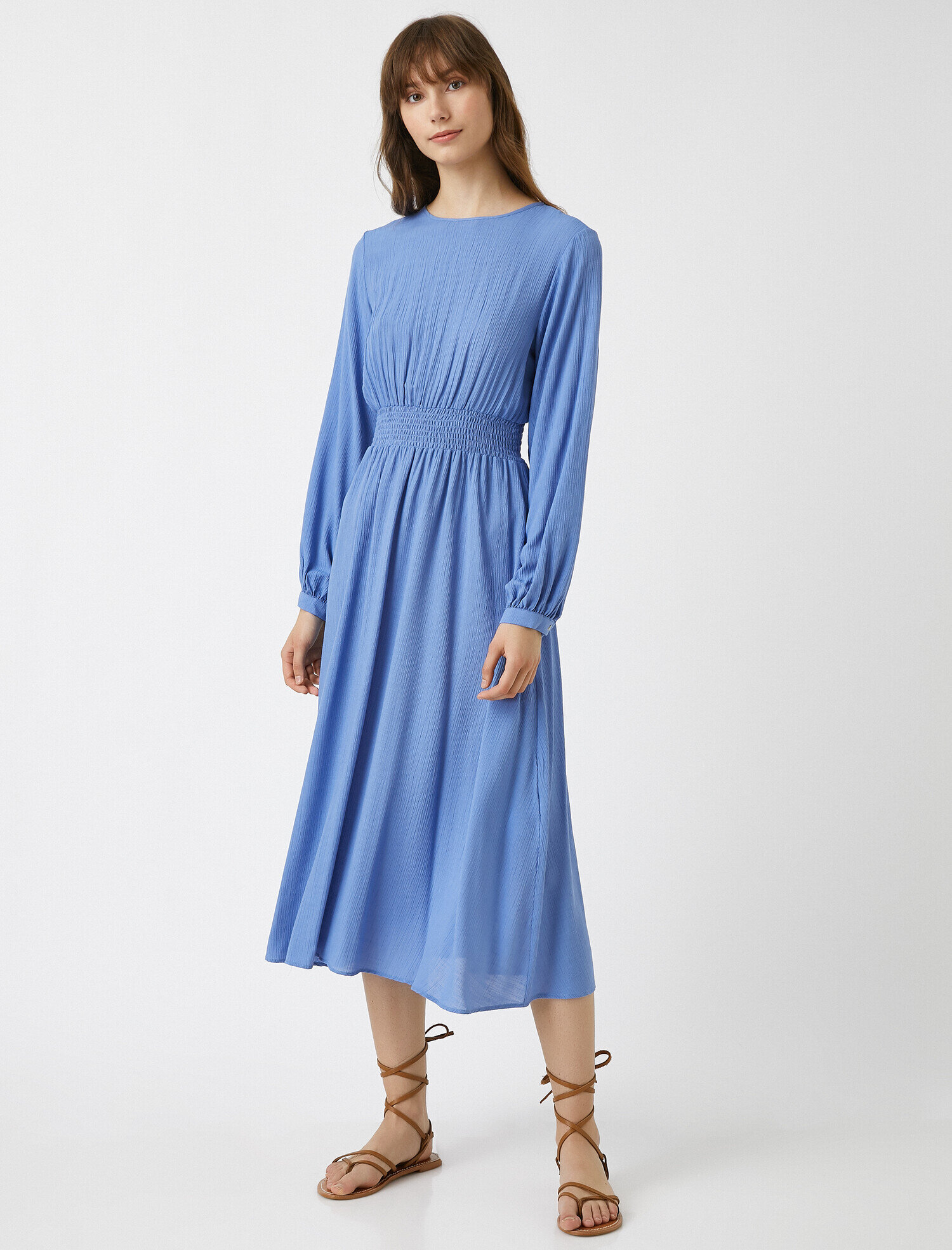 Bisiklet Yaka Viskoz Elbise Uzun Kollu Midi