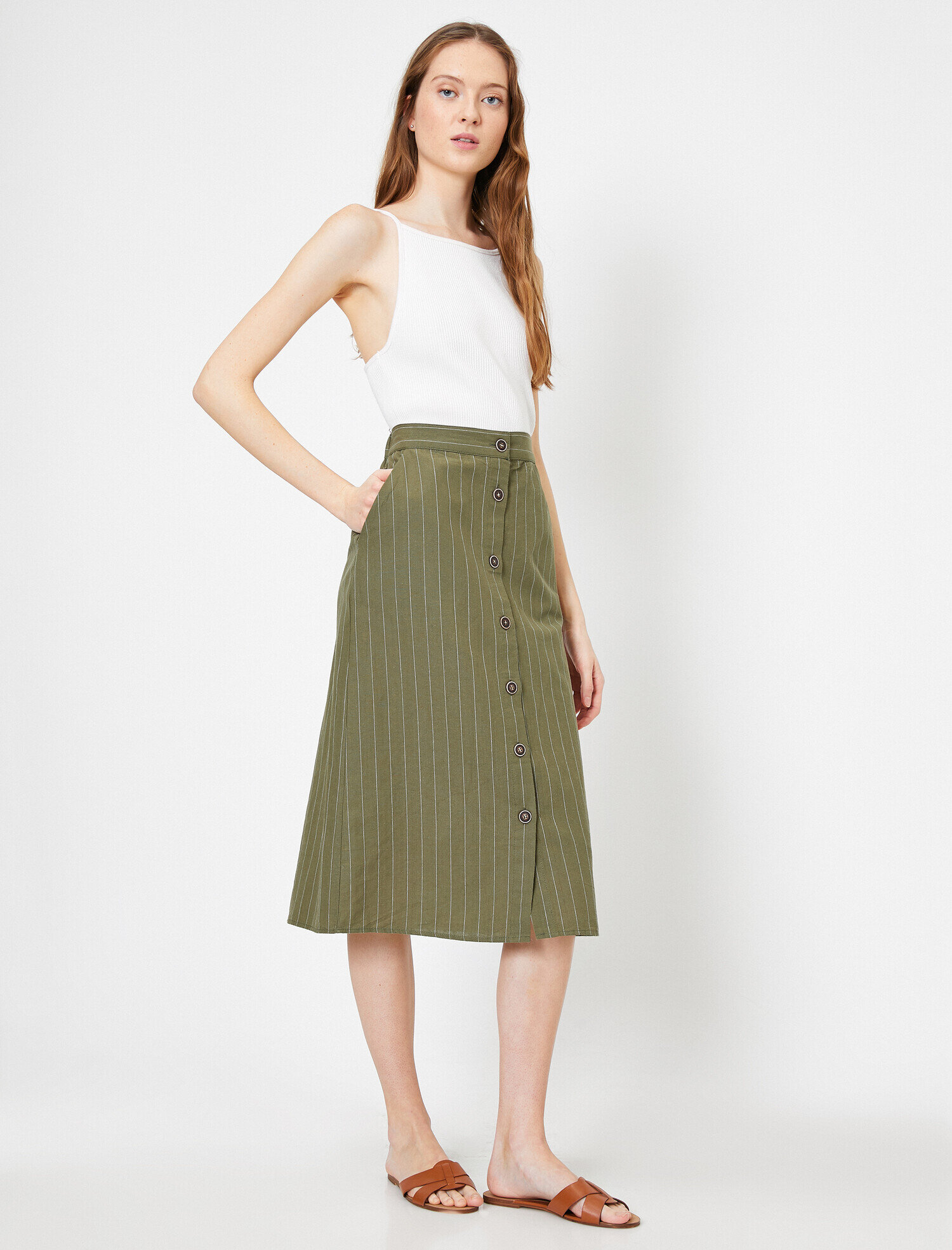   Düğme Detaylı Etek Keten Karışımlı