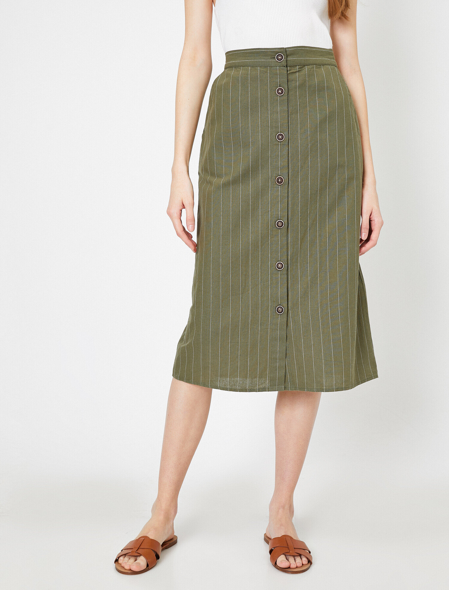   Düğme Detaylı Etek Keten Karışımlı