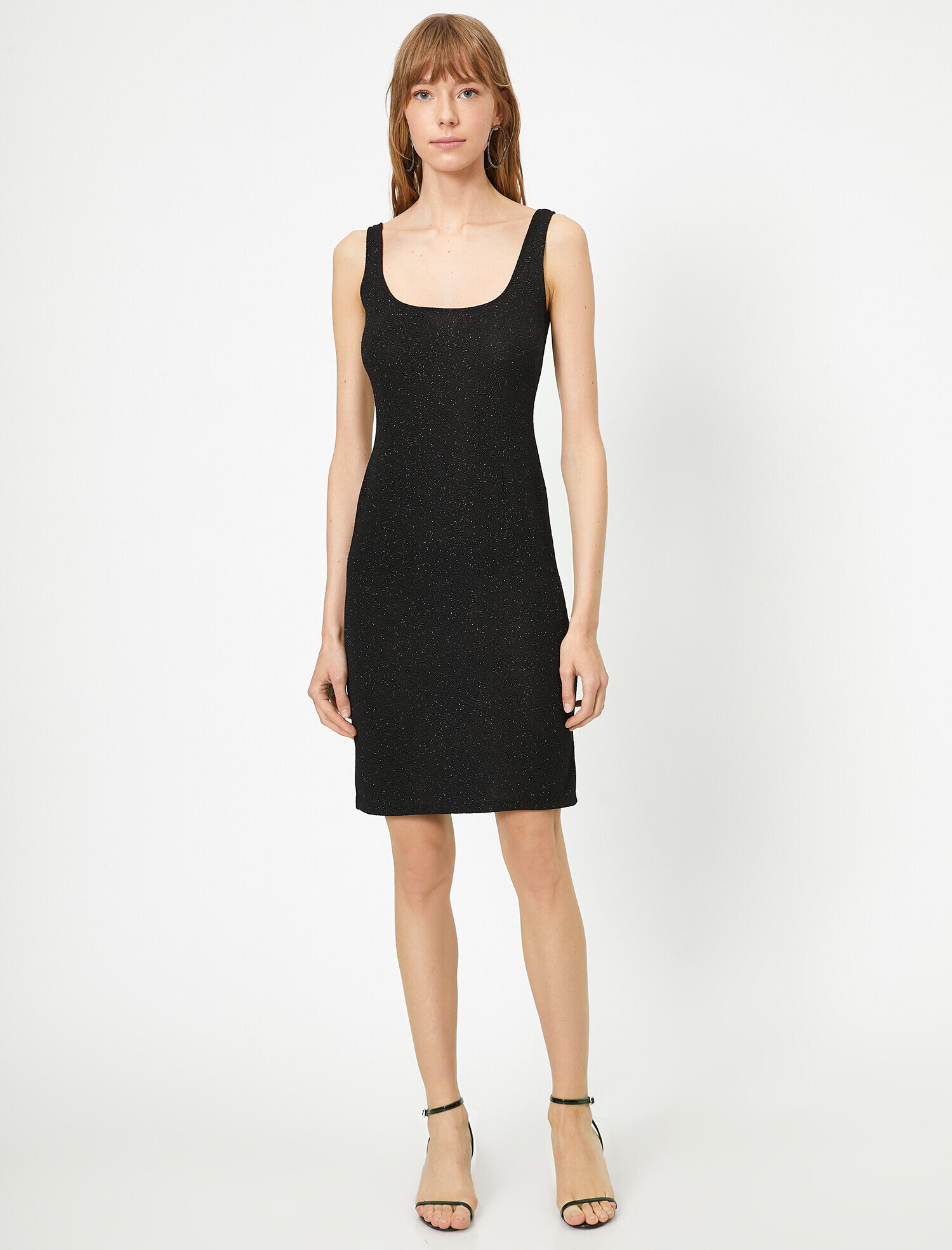   Yırtmaçlı Abiye Elbise Midi Boy Kalin Askılı Kamisol  Simli Yuvarlak Yaka