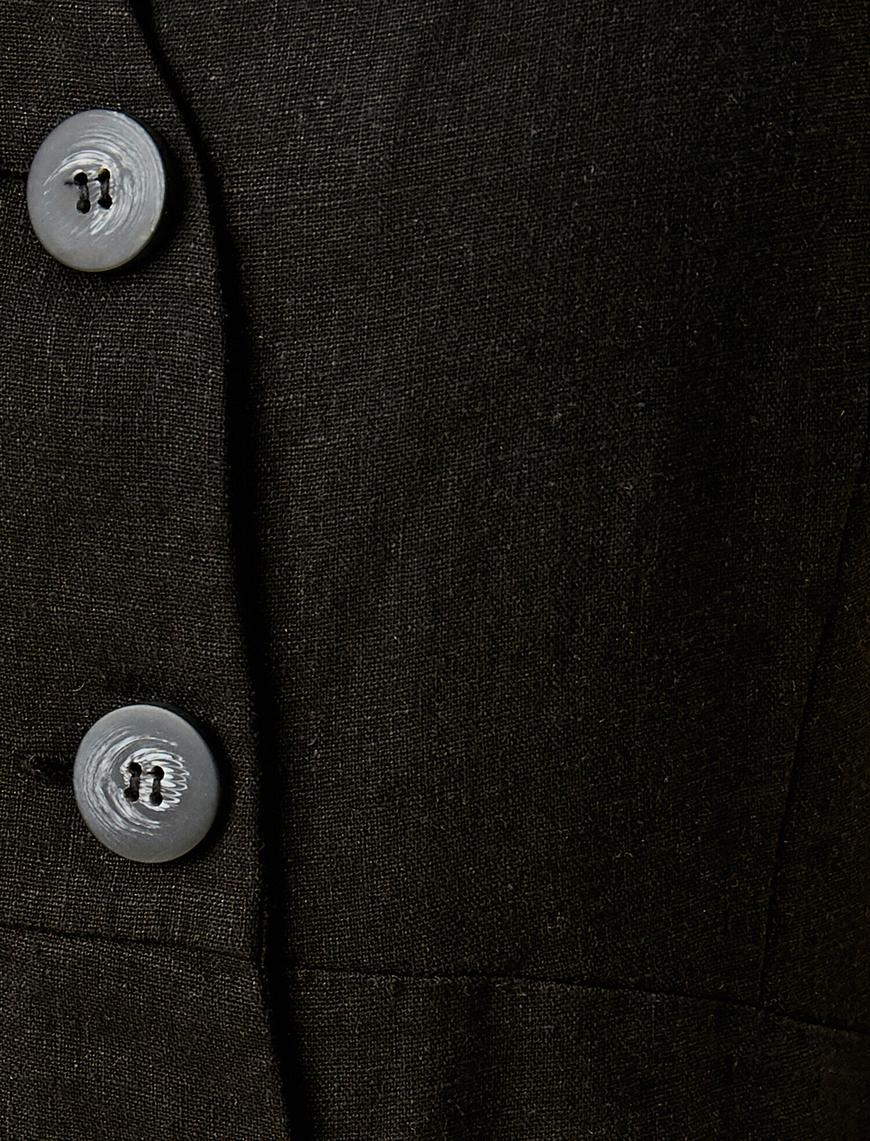   V Yaka Düğme Detaylı Kolsuz Midi Elbise Keten Karışımlı