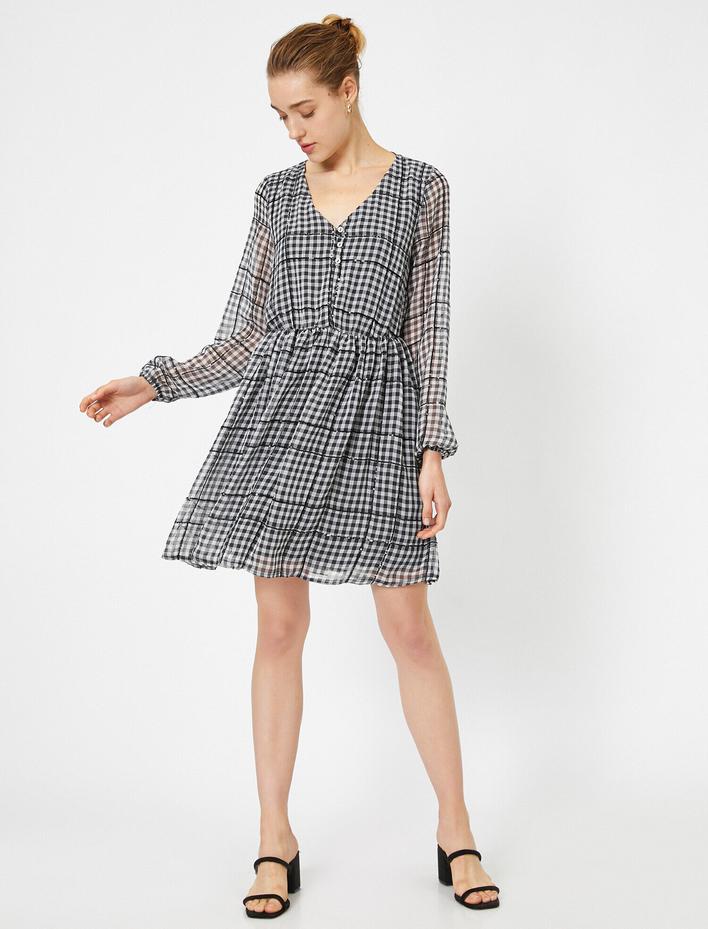  V Yaka Fırfır Detaylı Midi Uçuş Uçuş Elbise