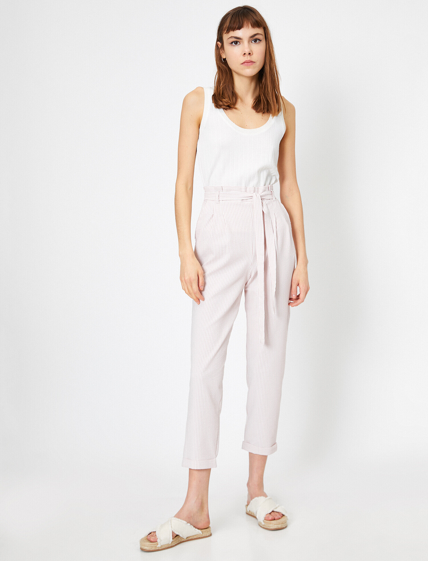   Çizgili Yüksek Bel Bağlama Detaylı Pantolon