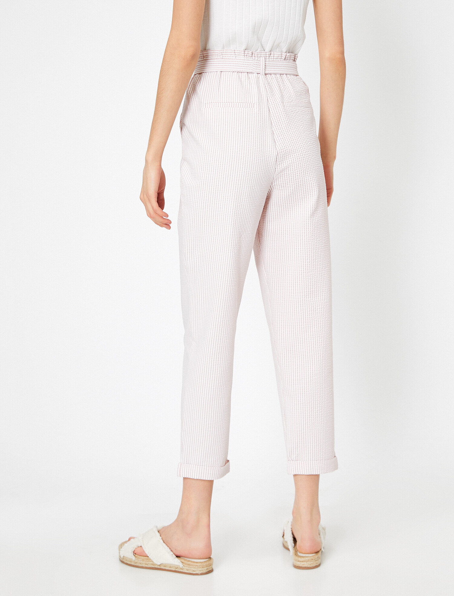   Çizgili Yüksek Bel Bağlama Detaylı Pantolon