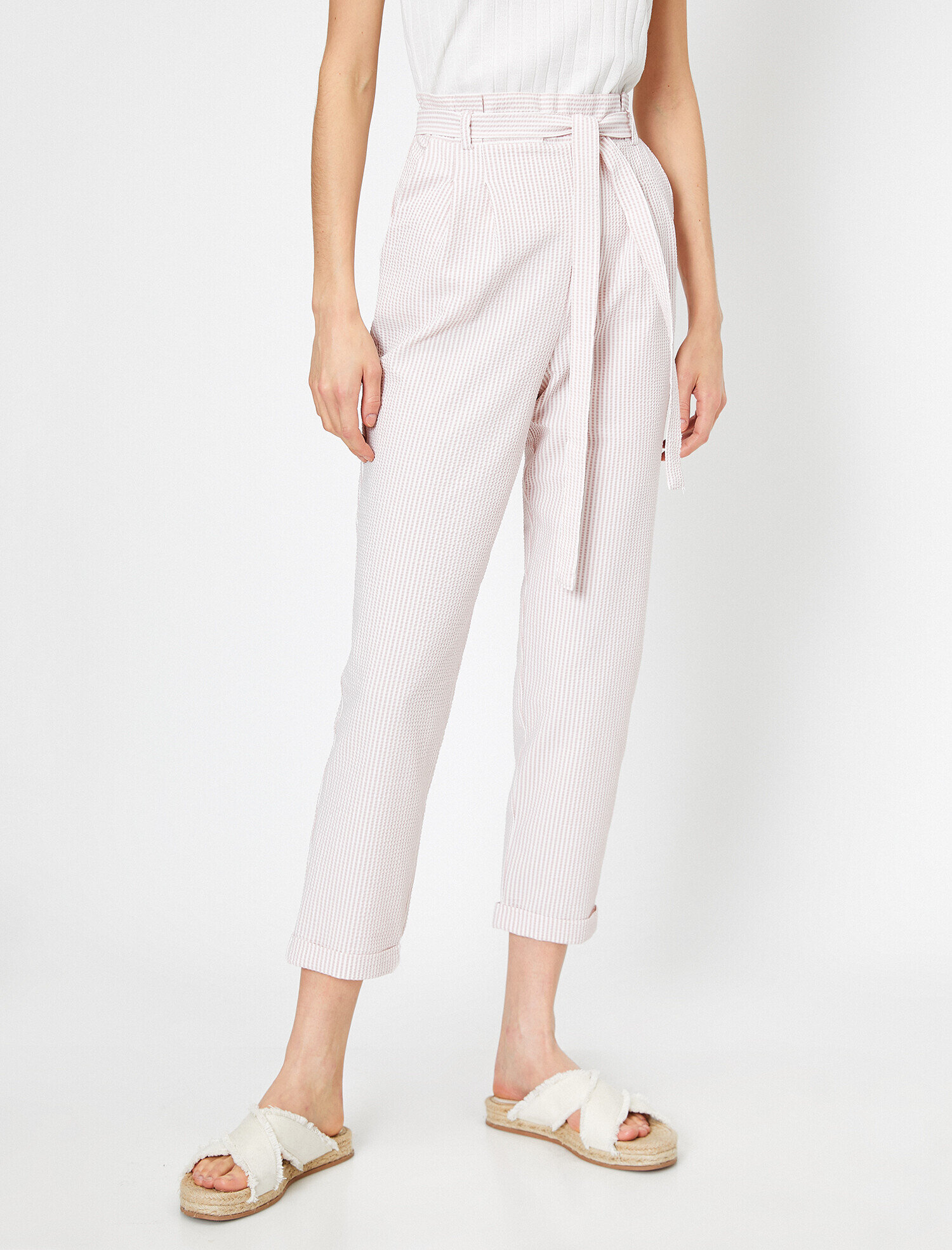   Çizgili Yüksek Bel Bağlama Detaylı Pantolon
