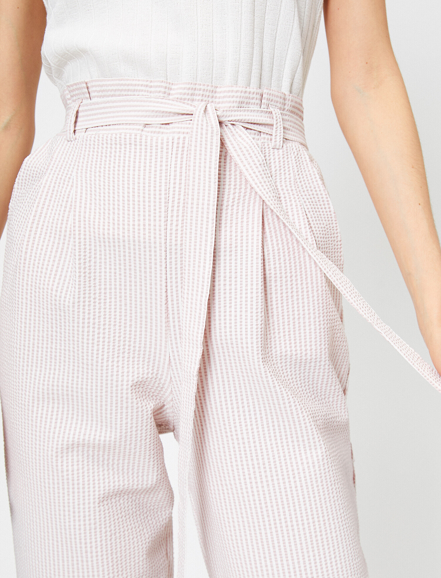   Çizgili Yüksek Bel Bağlama Detaylı Pantolon