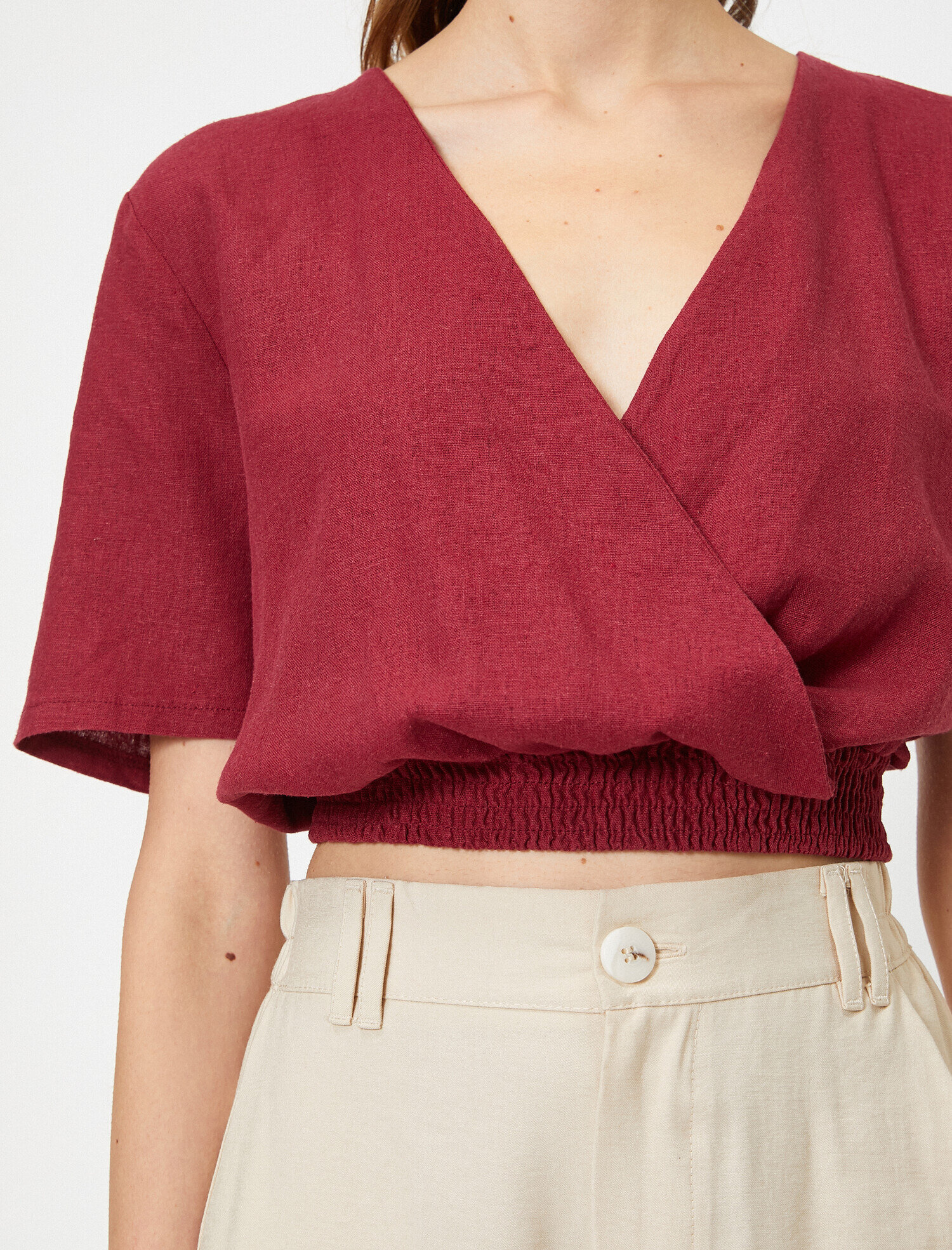 Kruvaze Alttan Lastikli Kısa Kollu Keten Bluz