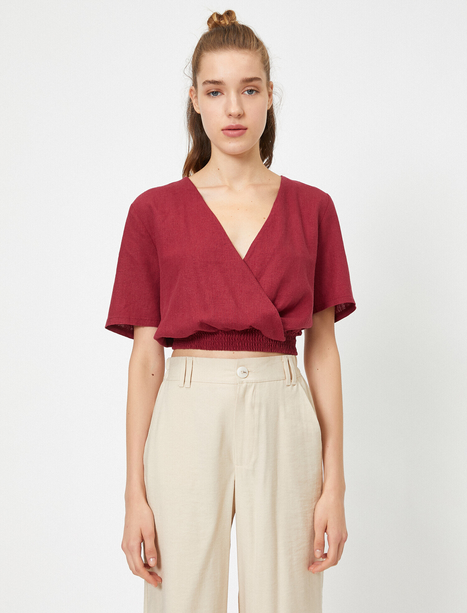 Kruvaze Alttan Lastikli Kısa Kollu Keten Bluz