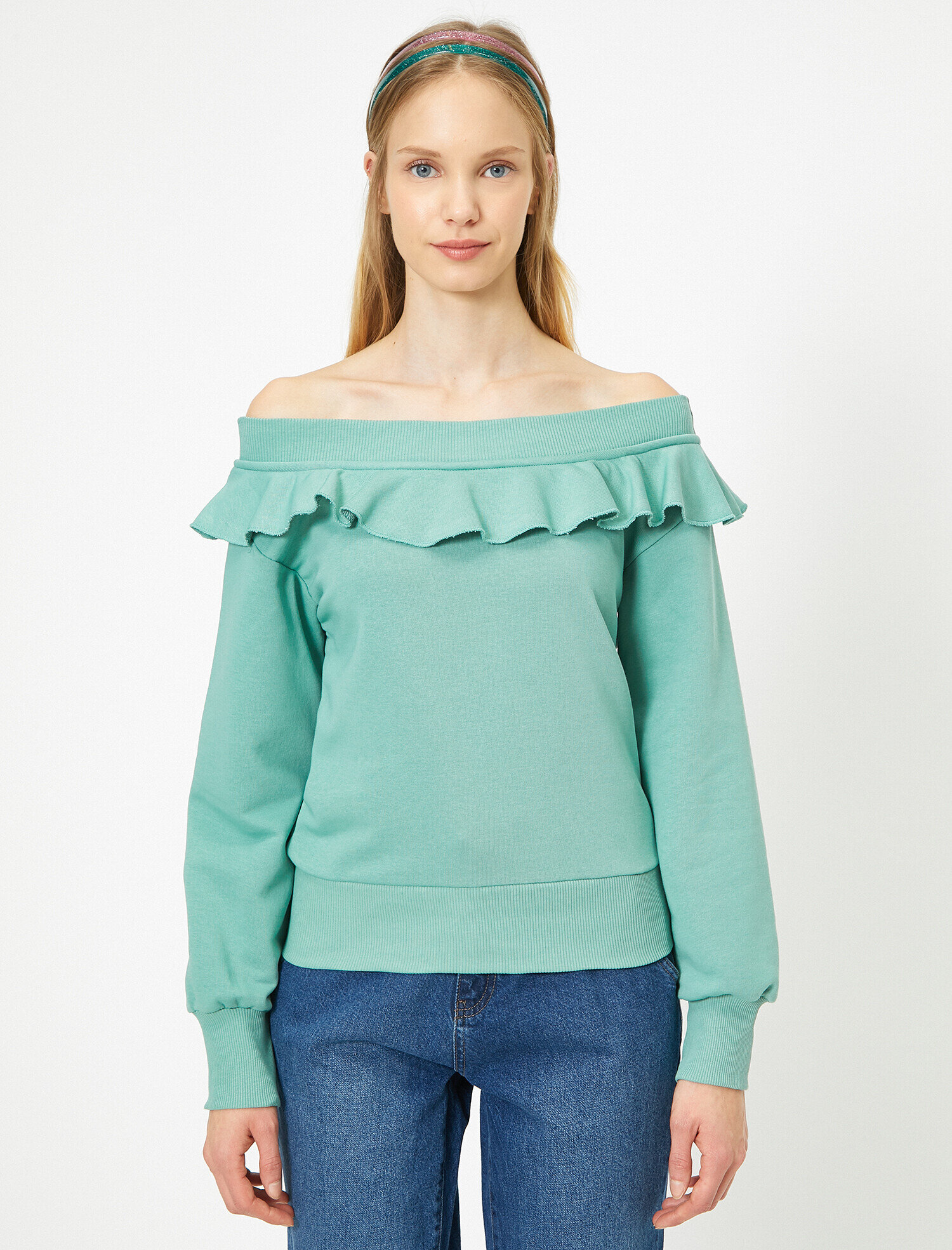   Omzu Açık Fırfırlı Sweatshirt