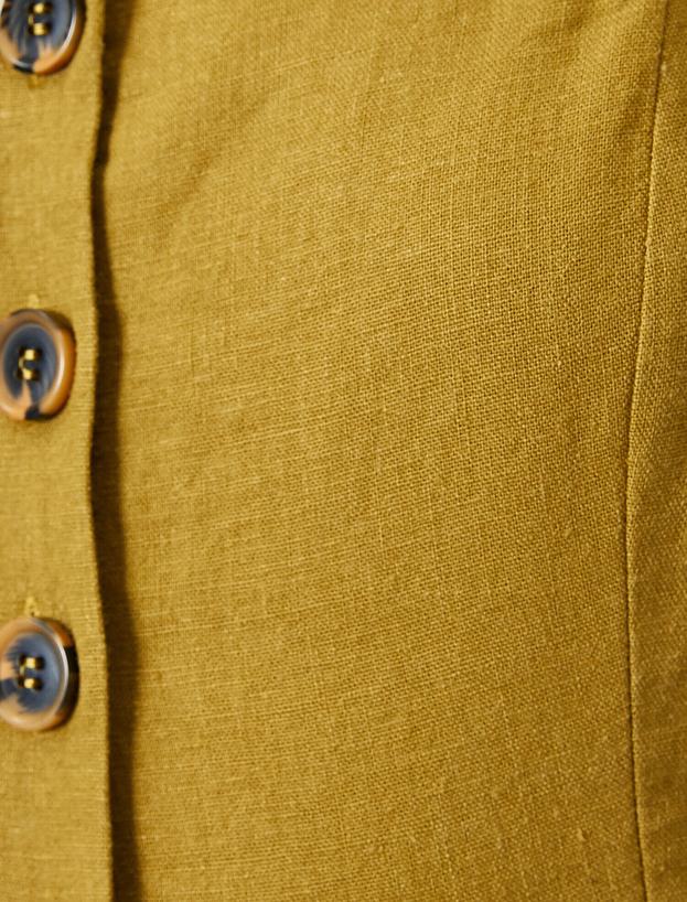  U Yaka Kısa Kollu Düğme Detaylı Midi Elbise