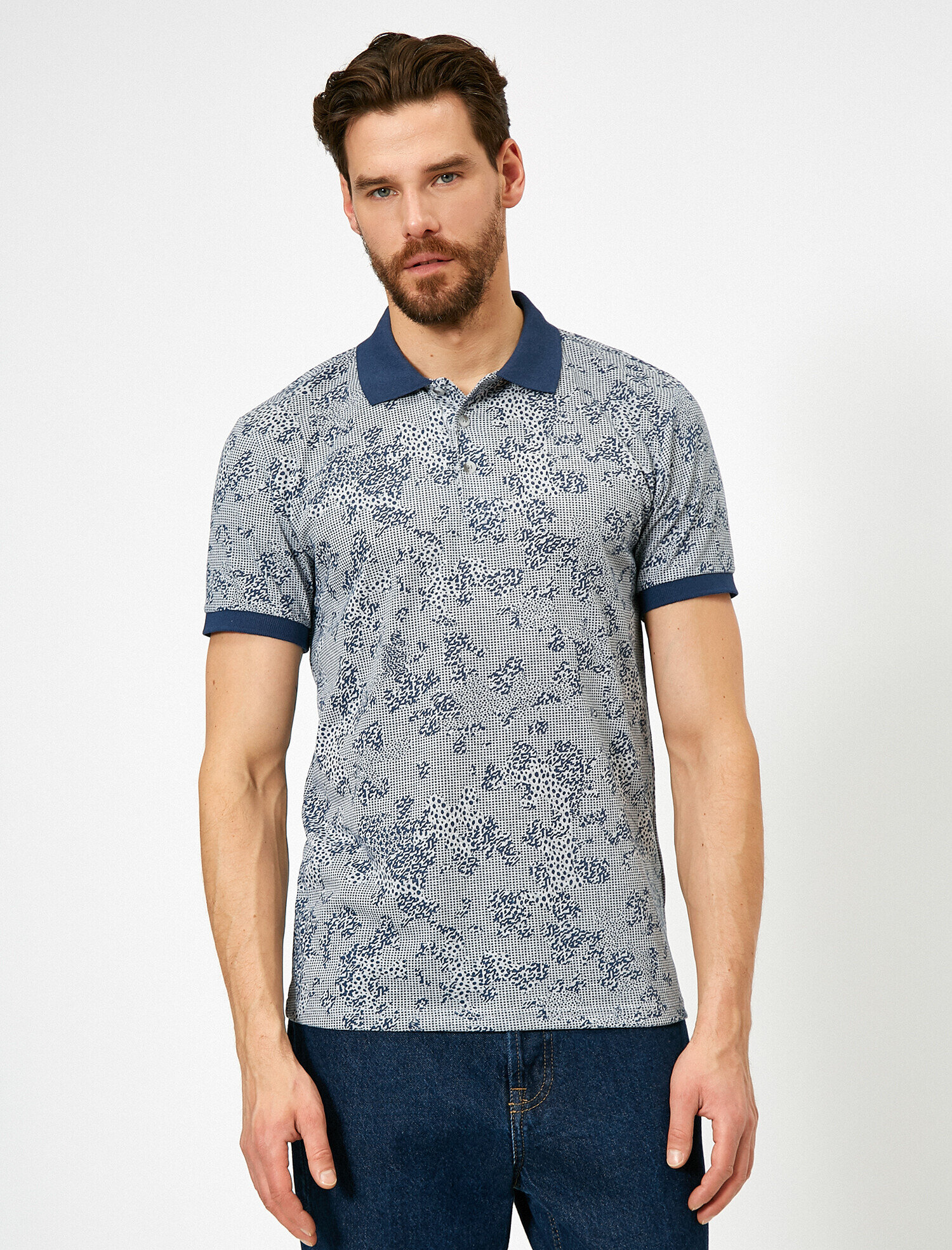   Polo Yaka Kamuflaj ve Puantiye Desenli Süprem Kumaş Slim Fit Tişört