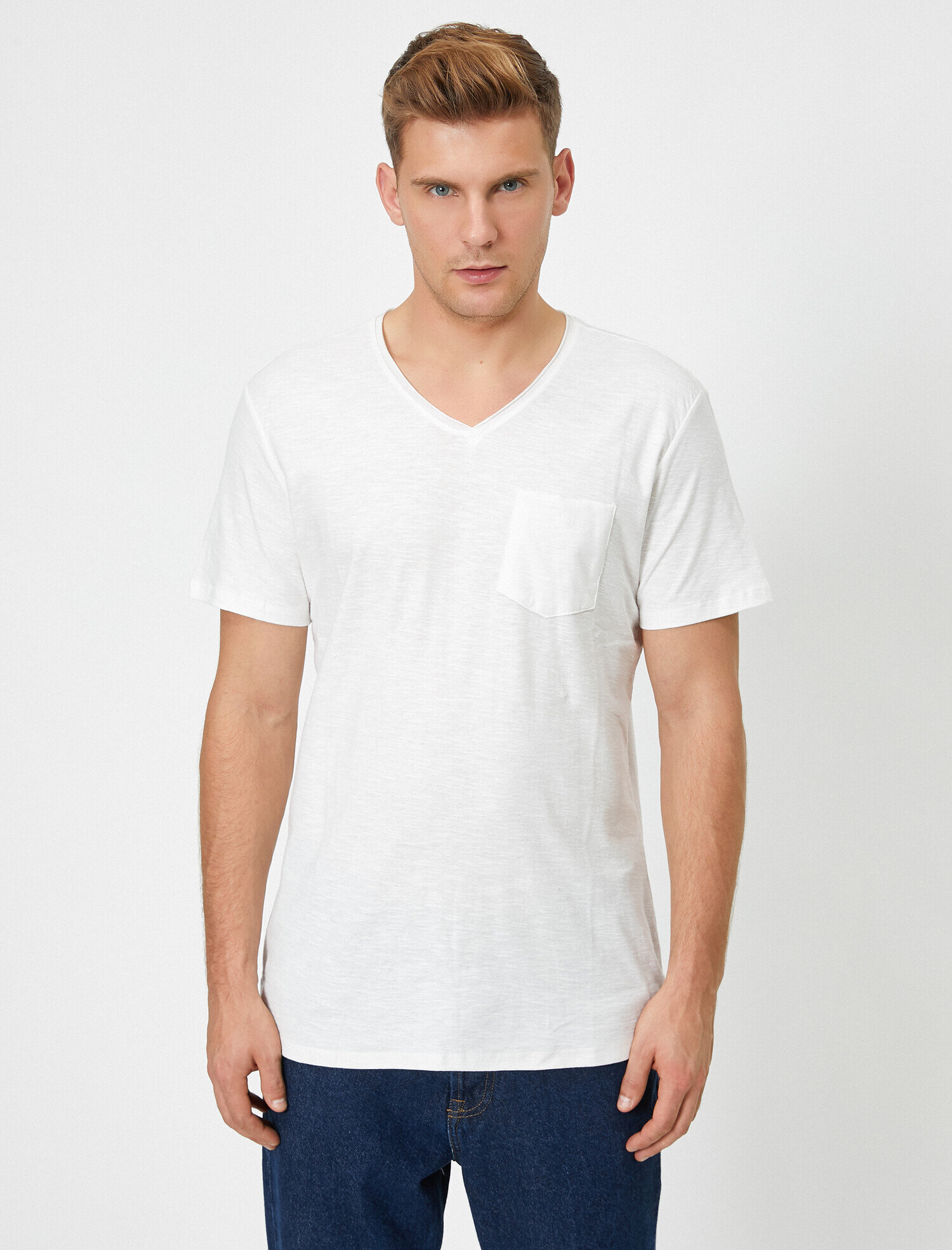   Basic Tişört V Yaka Kısa Kollu Cep Detaylı