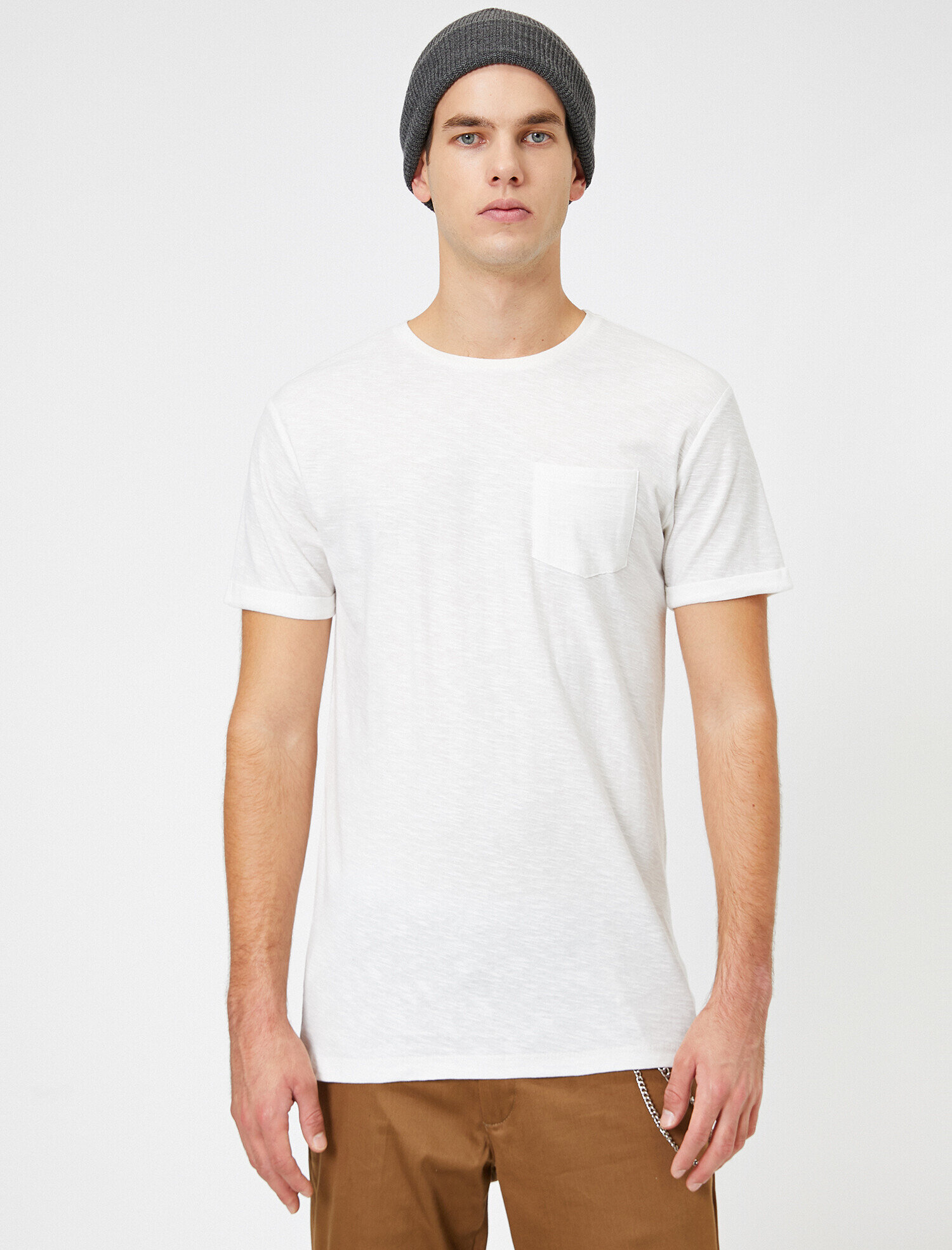   Bisiklet Yaka Cep Detaylı Flamlı Kumaş Dar Kesim Basic Tişört