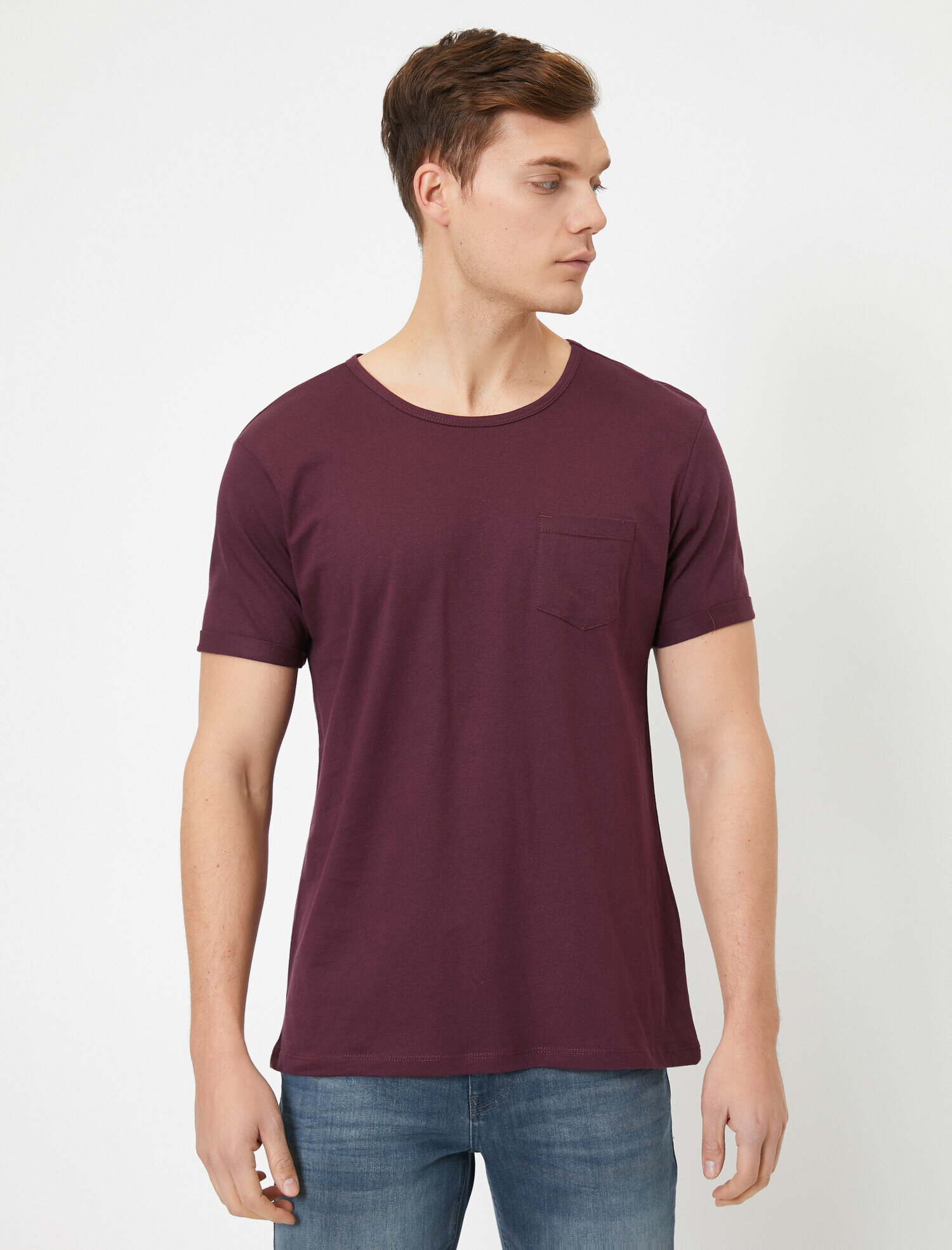 Bisiklet Yaka Cep Detaylı Kolları Katlamalı Slim Fit Tişört