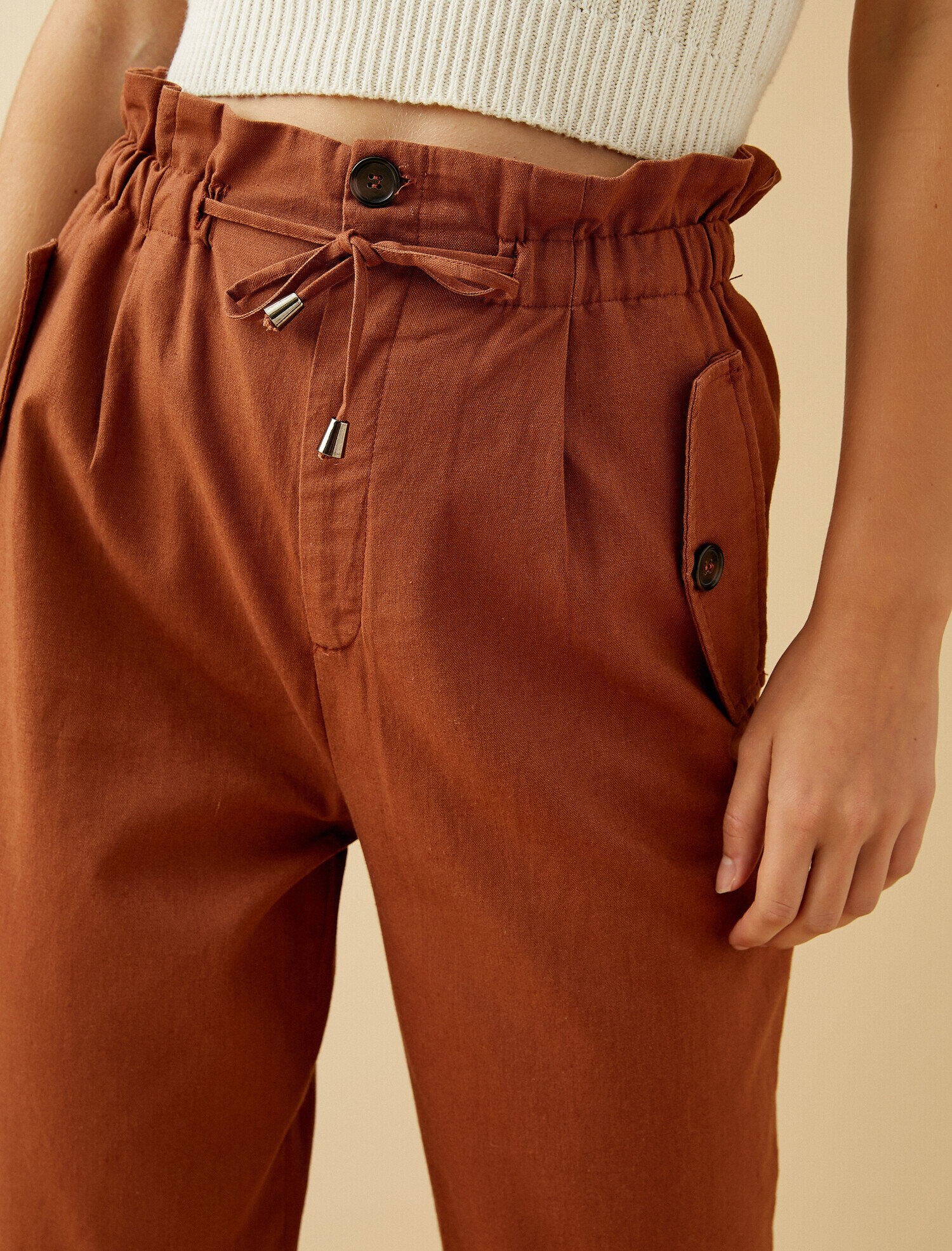   Belden Bağlamalı Pantolon Keten Karışımlı