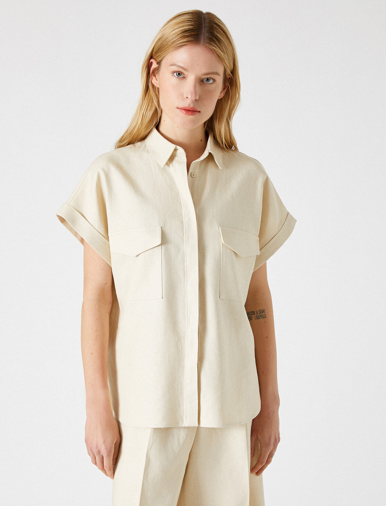   Kısa Kollu Gömlek Cepli Keten