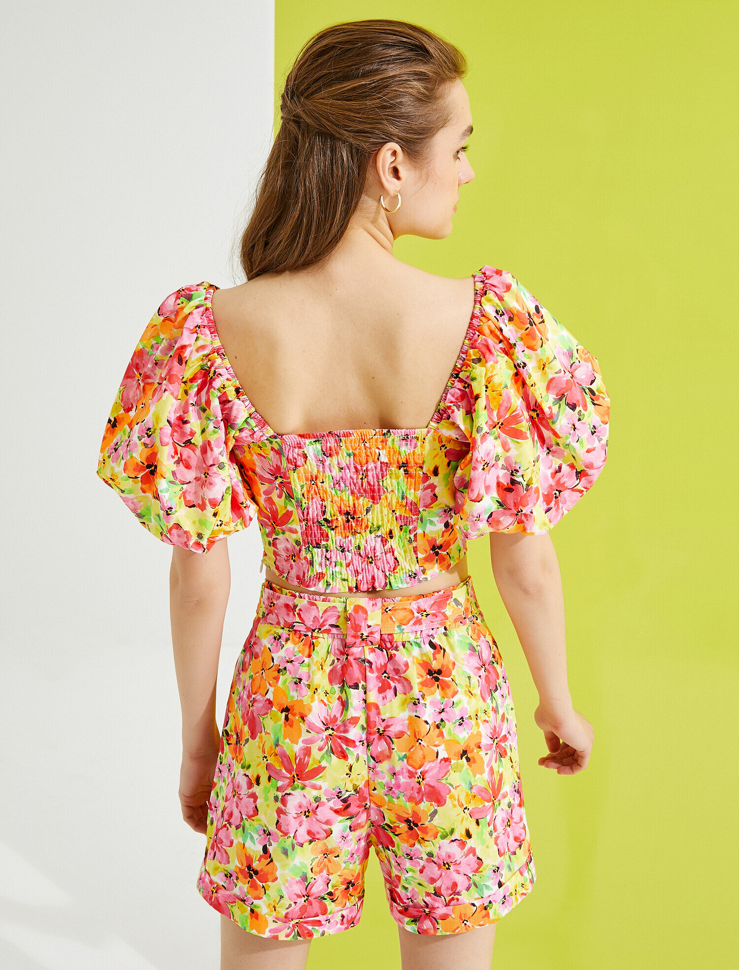   Çiçekli Bluz Crop Balon Kol Pamuklu