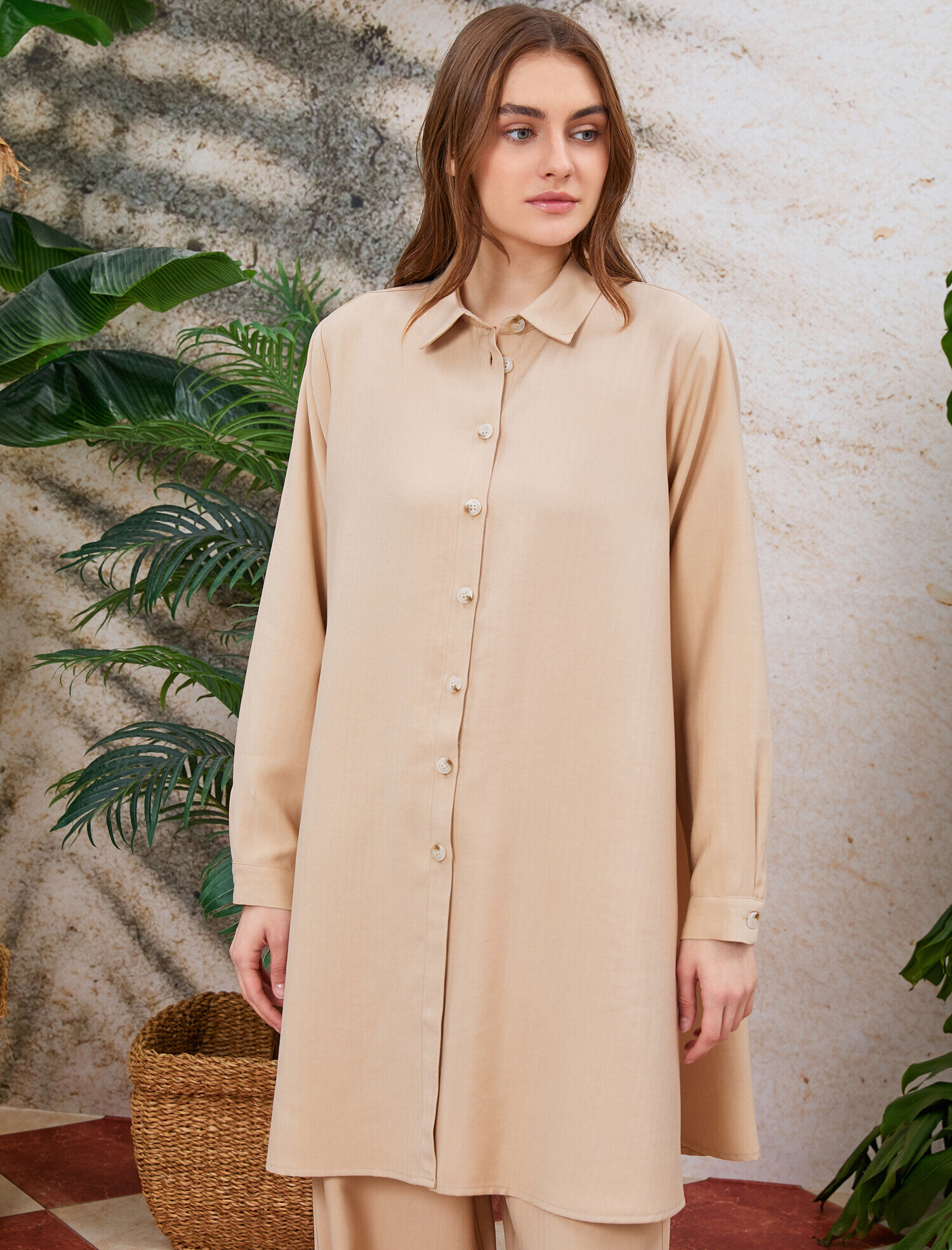   Gömlek Yaka Tunik Düğmeli Uzun Kollu Oversize