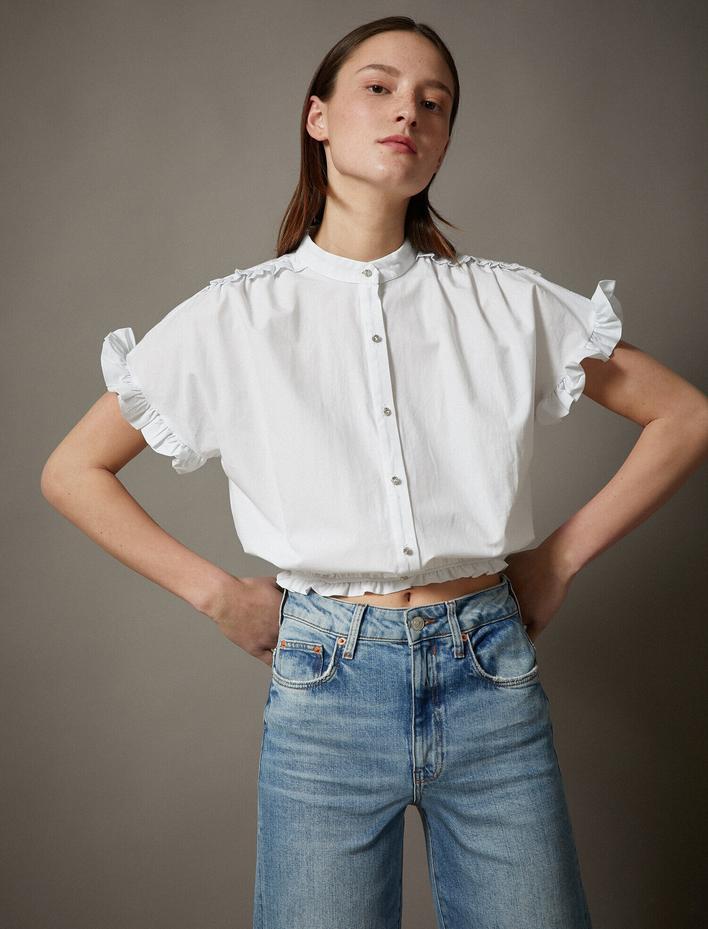  Kısa Kollu Gömlek Fırfırlı Düğme Detaylı Pamuklu