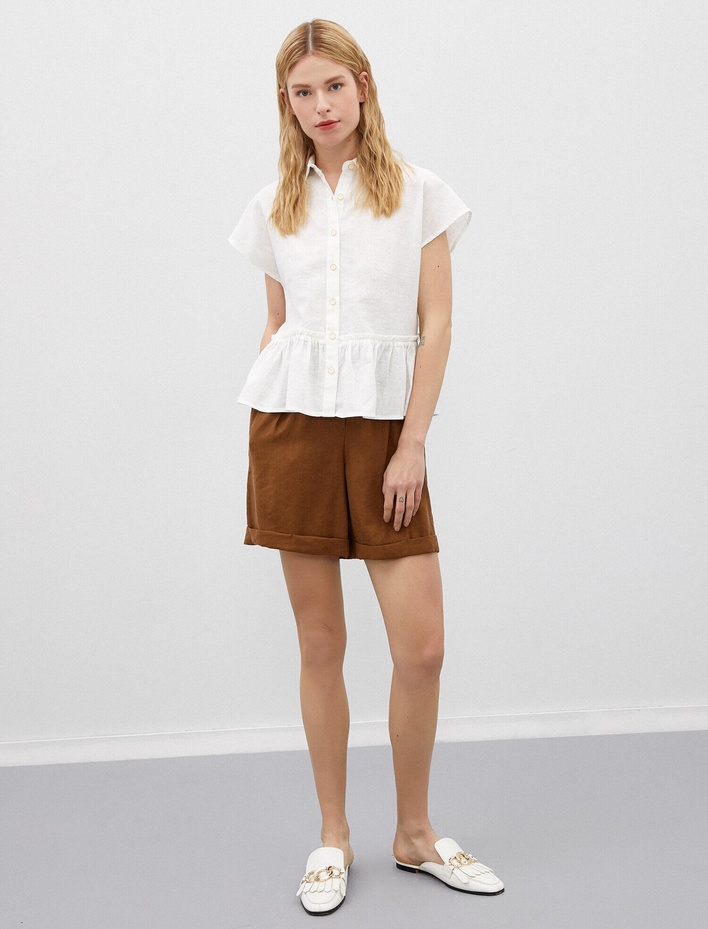  Kısa Kollu Gömlek Düğmeli Fırfırlı Keten Karışımlı