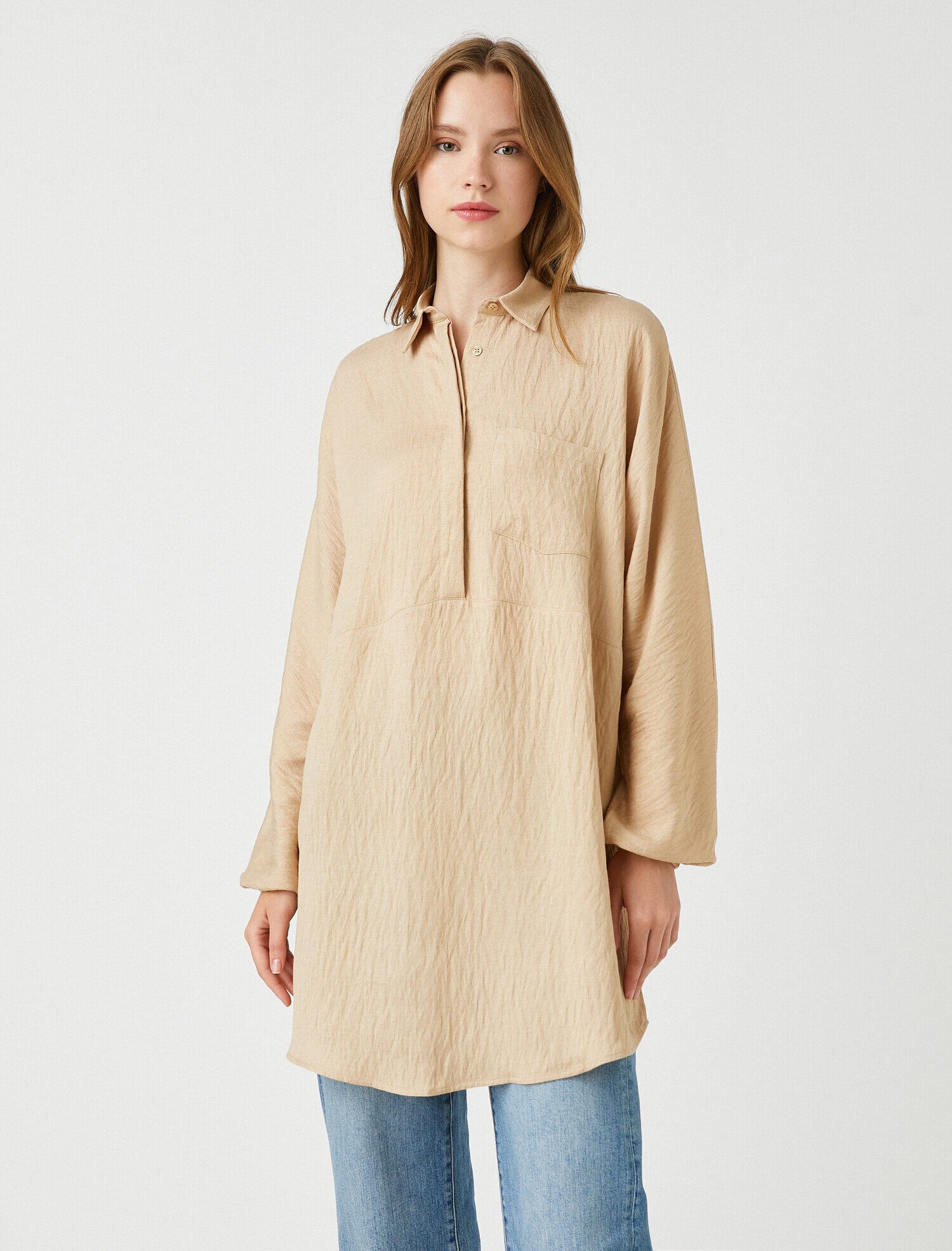   Gömlek Yaka Tunik Düğmeli 3/4 Kol Oversize