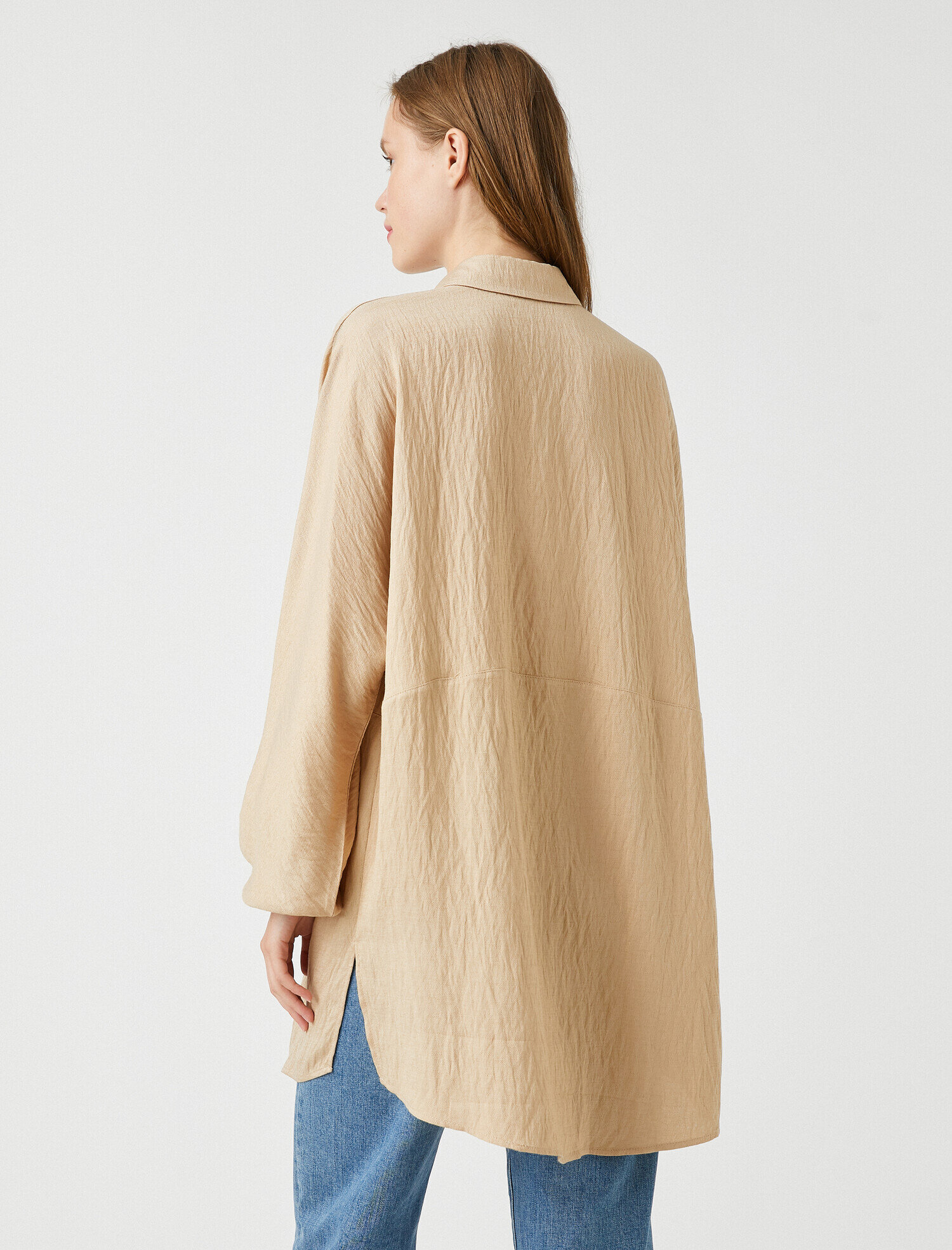   Gömlek Yaka Tunik Düğmeli 3/4 Kol Oversize