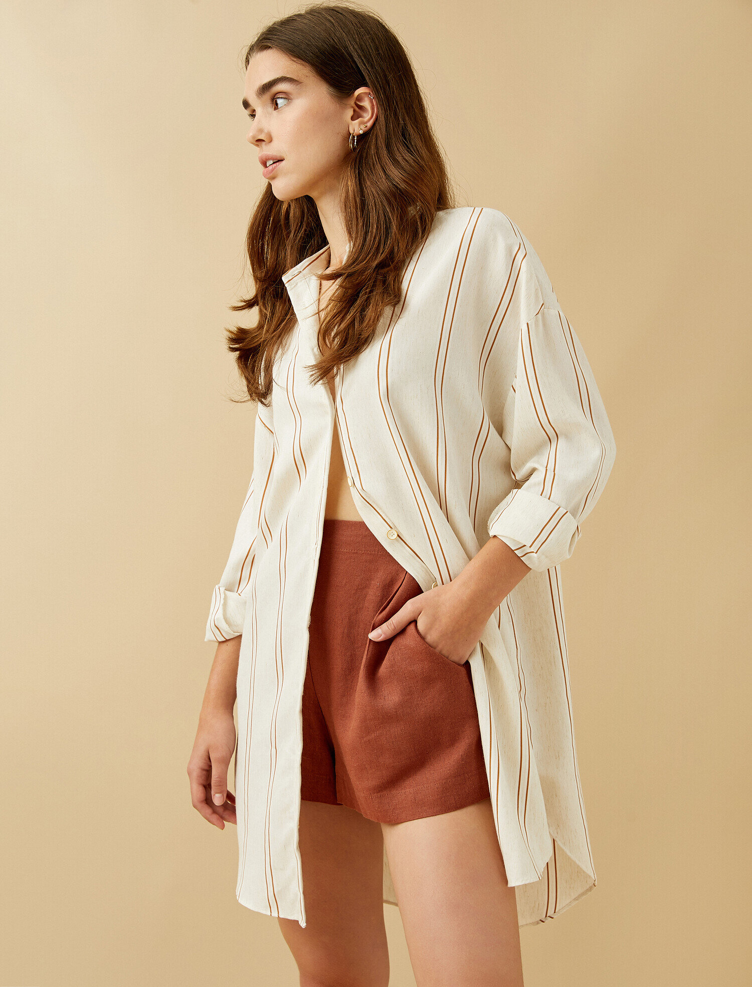 Uzun Kollu Tunik Çizgili Hakim Yaka Oversize