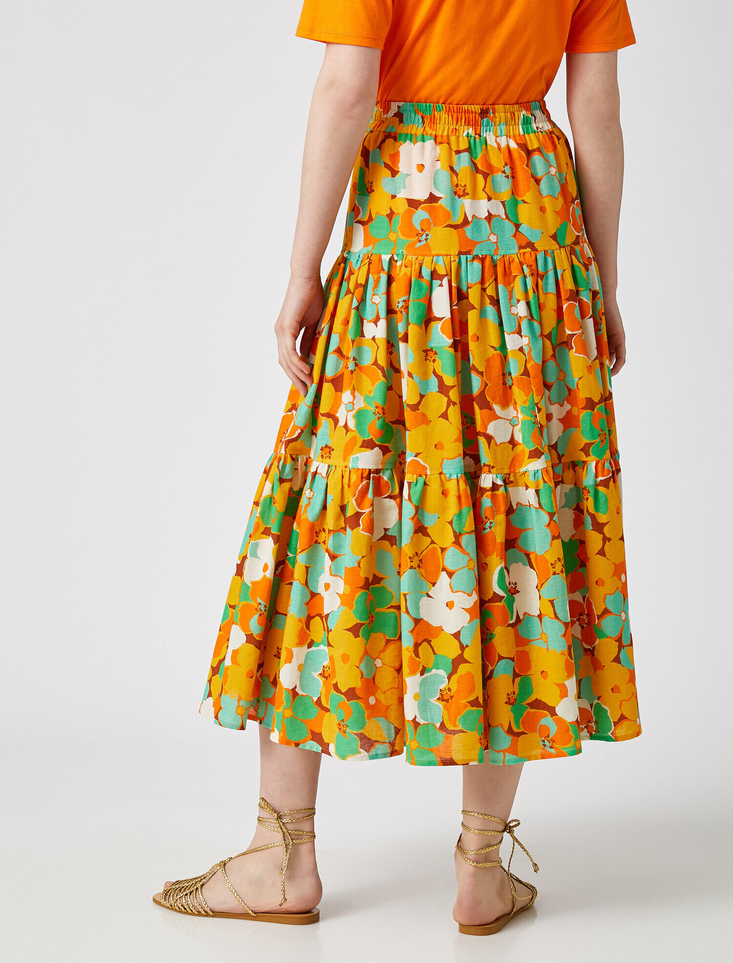   Çiçekli Midi Boy Pamuklu  Keten Karışımlı Etek