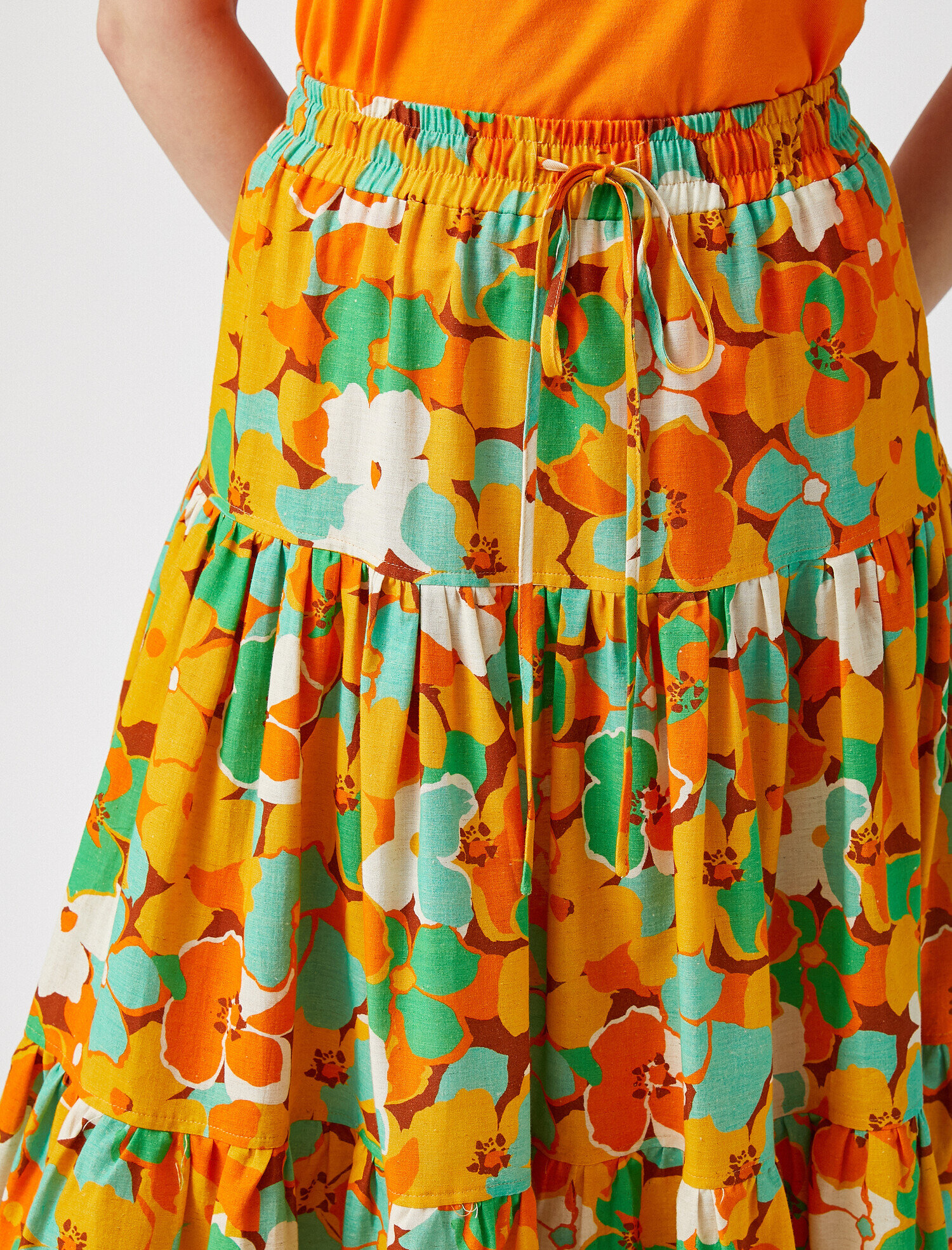   Çiçekli Midi Boy Pamuklu  Keten Karışımlı Etek