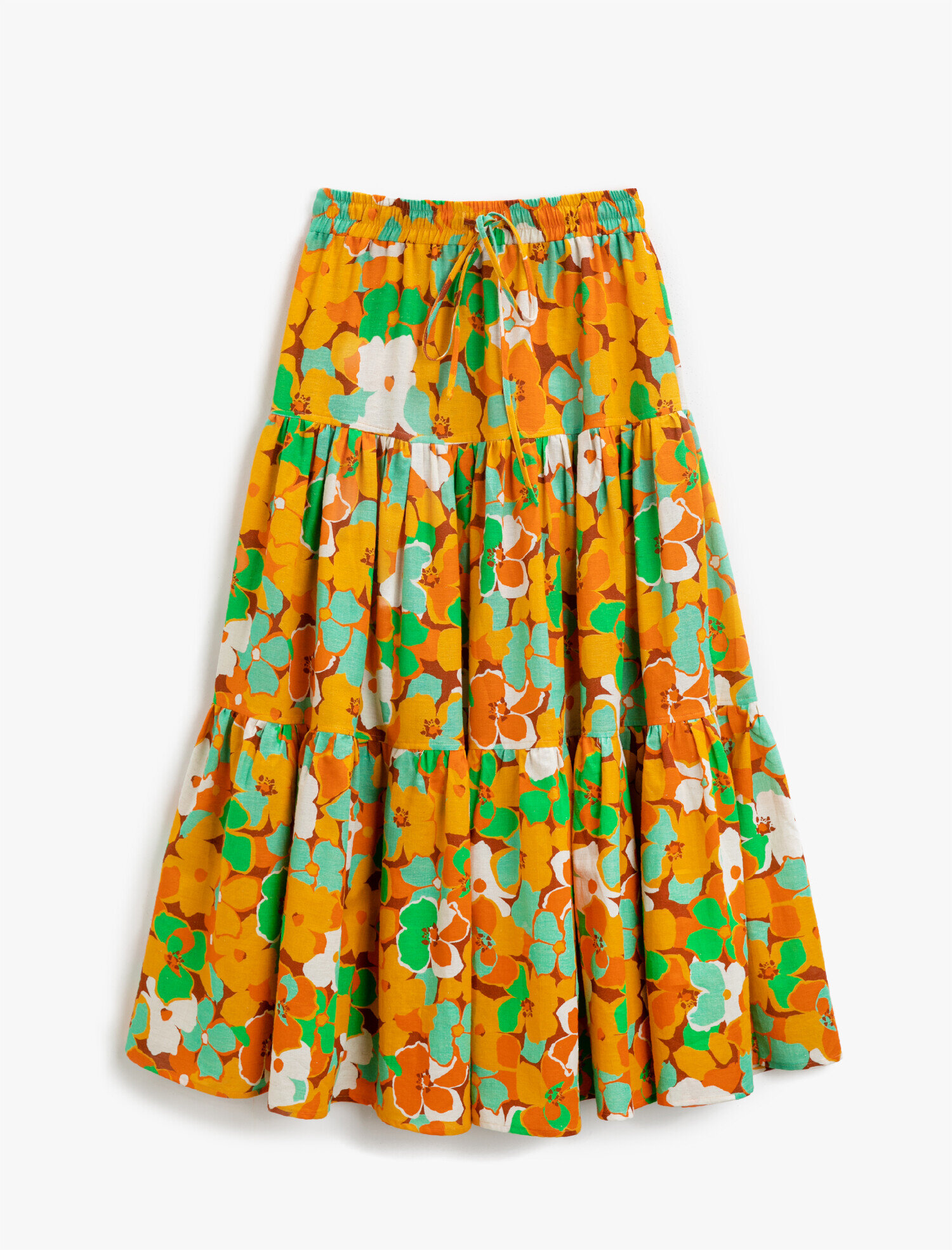   Çiçekli Midi Boy Pamuklu  Keten Karışımlı Etek