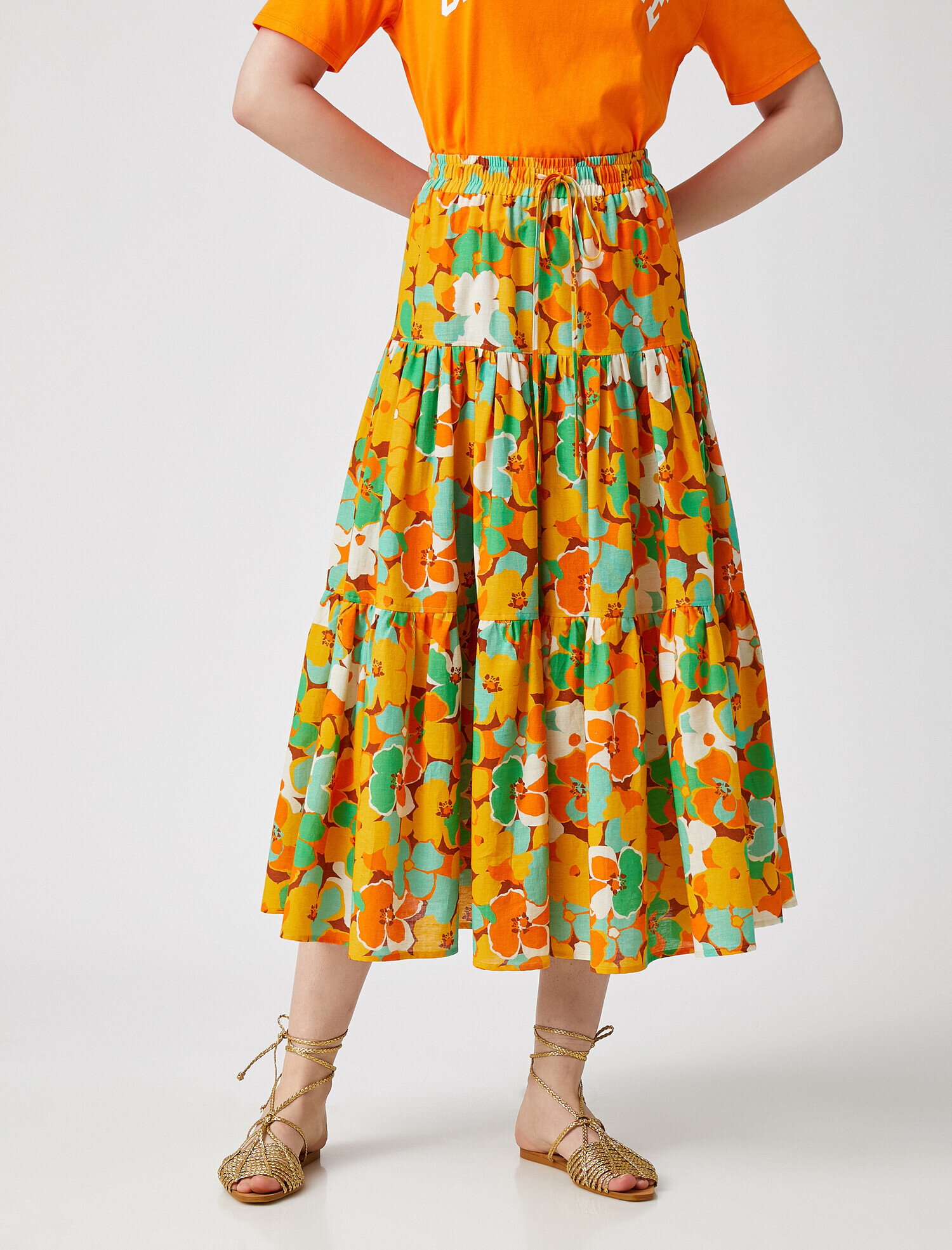   Çiçekli Midi Boy Pamuklu  Keten Karışımlı Etek