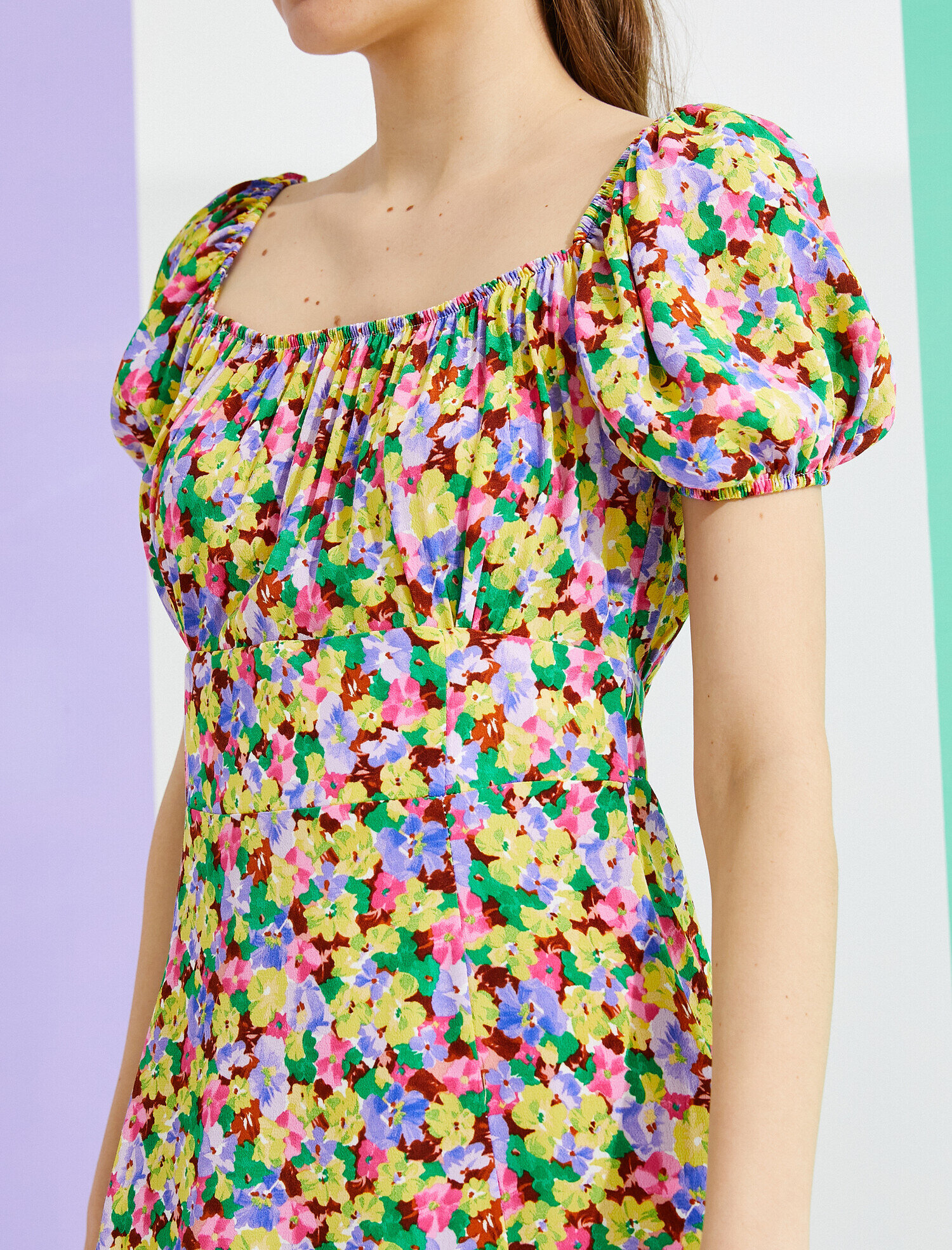   Çiçekli Yazlık Elbise Kısa Kollu Kare Yaka Mini