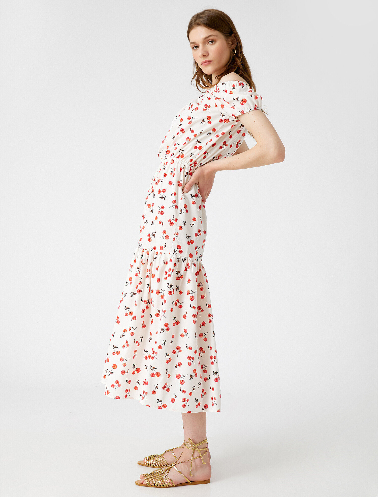   Desenli Elbise Omuz Açık Pamuklu