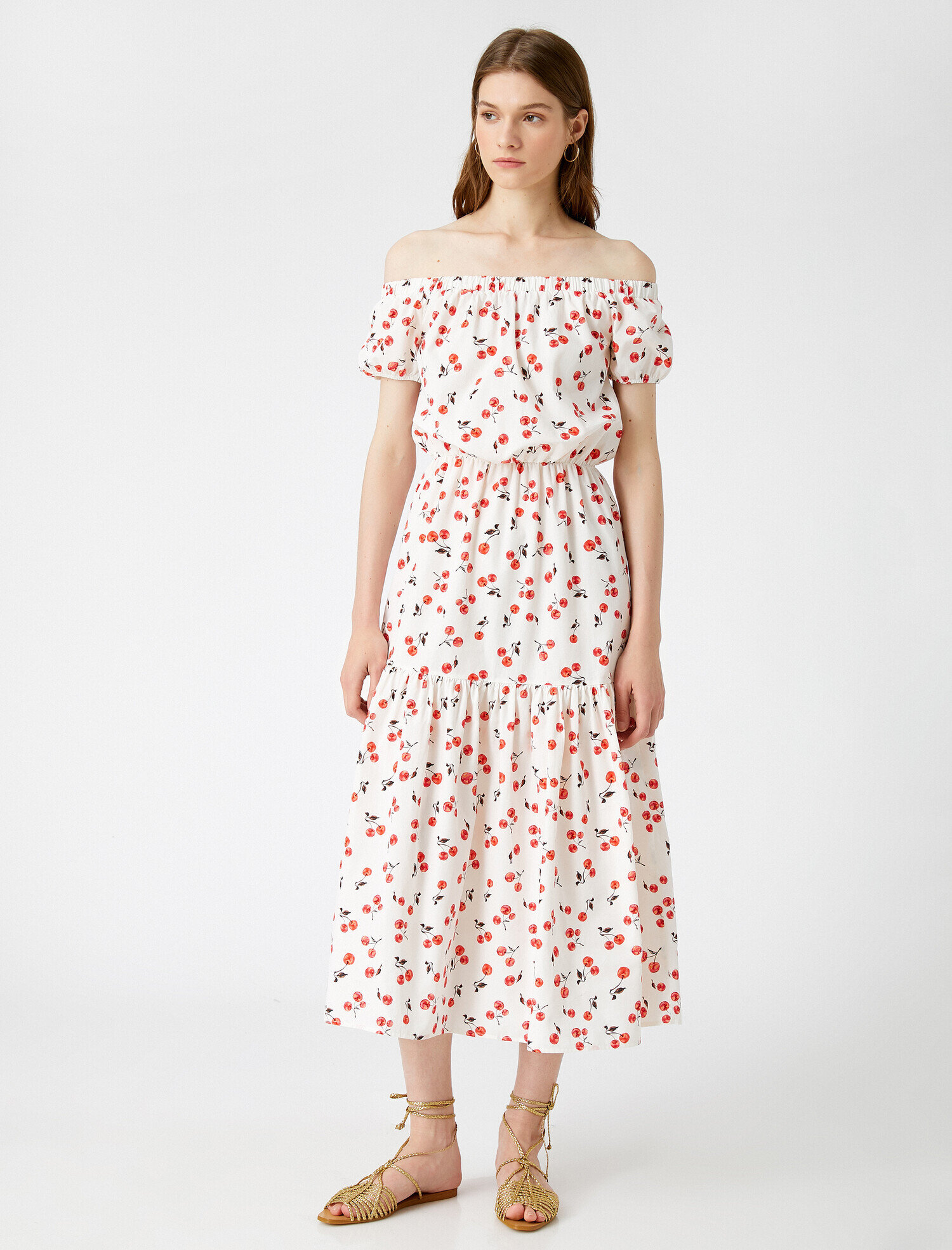   Desenli Elbise Omuz Açık Pamuklu