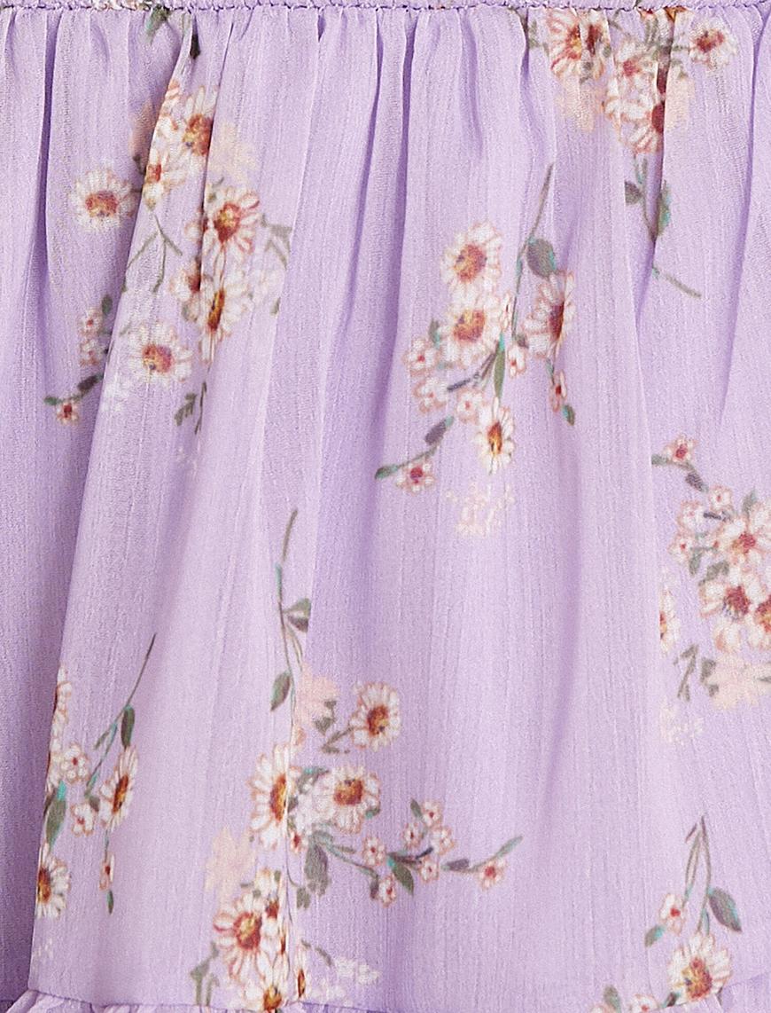   Çiçekli Yazlık Elbise Omuz Detayli Uzun Kollu Mini