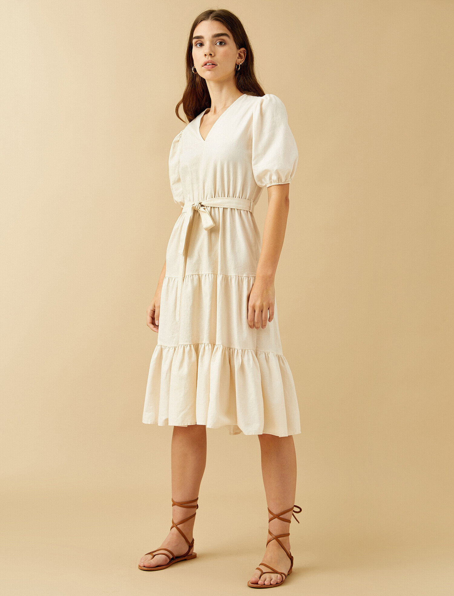   Poplin  Keten Karışımlı Elbise V Yaka Balon Kol