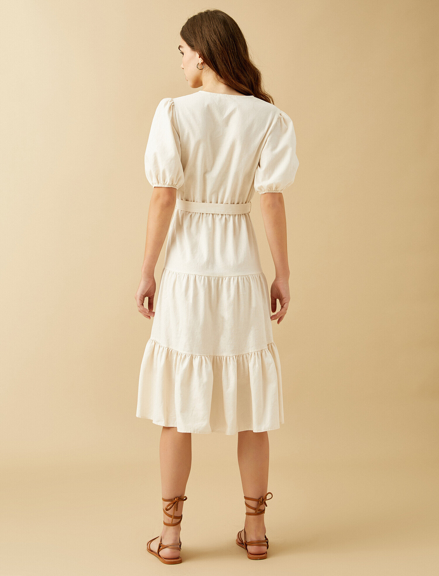   Poplin  Keten Karışımlı Elbise V Yaka Balon Kol