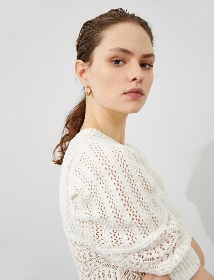  Bisiklet Yaka Triko Kazak 3/4 Kol Pamuklu