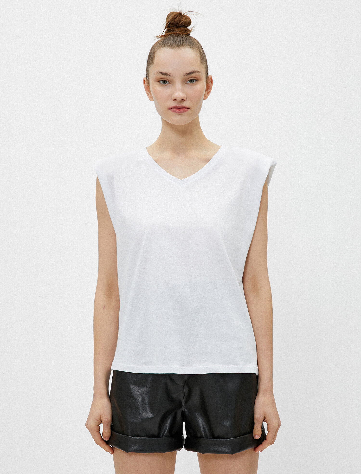   Vatkalı Tişört Kolsuz V Yaka Pamuklu