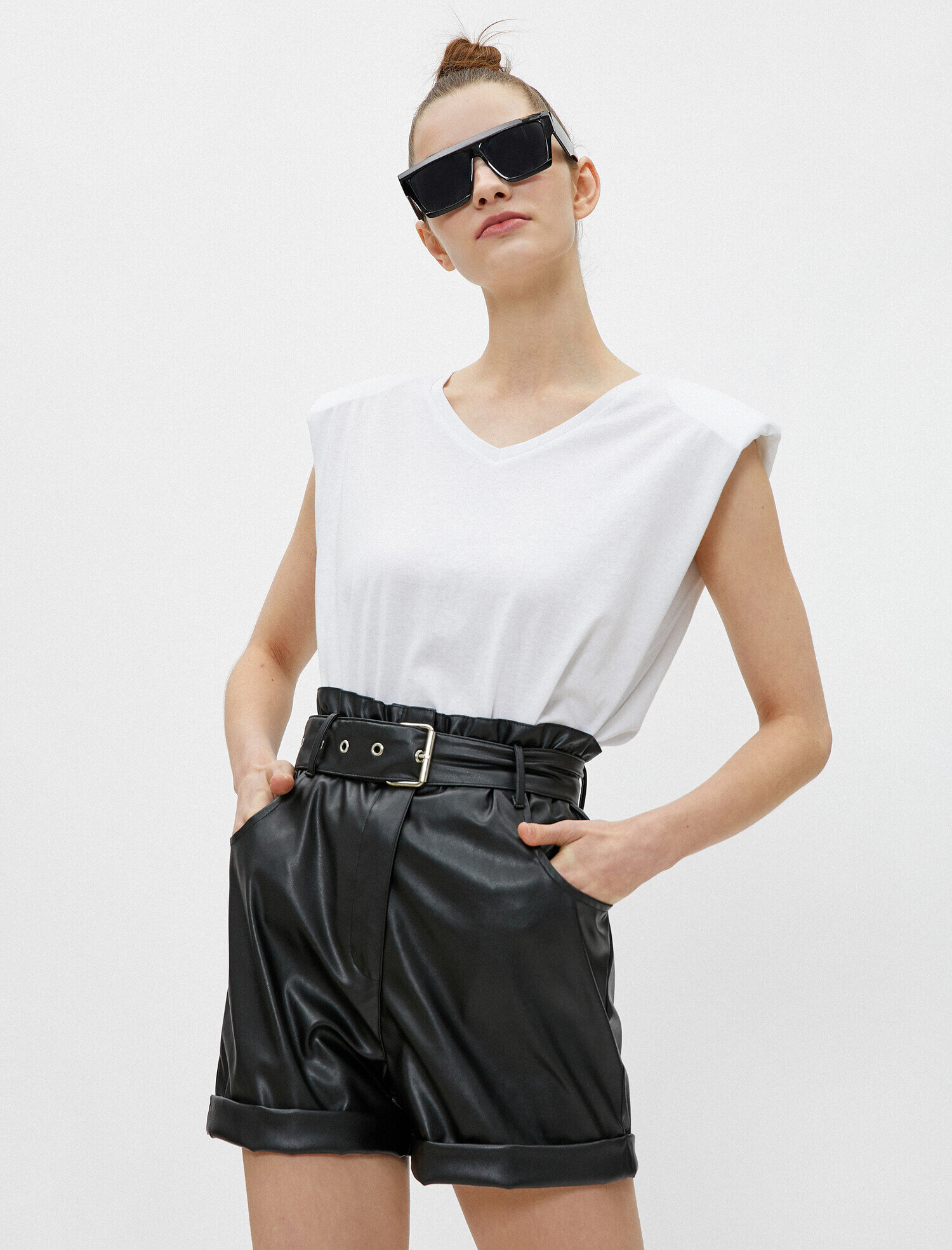   Vatkalı Tişört Kolsuz V Yaka Pamuklu