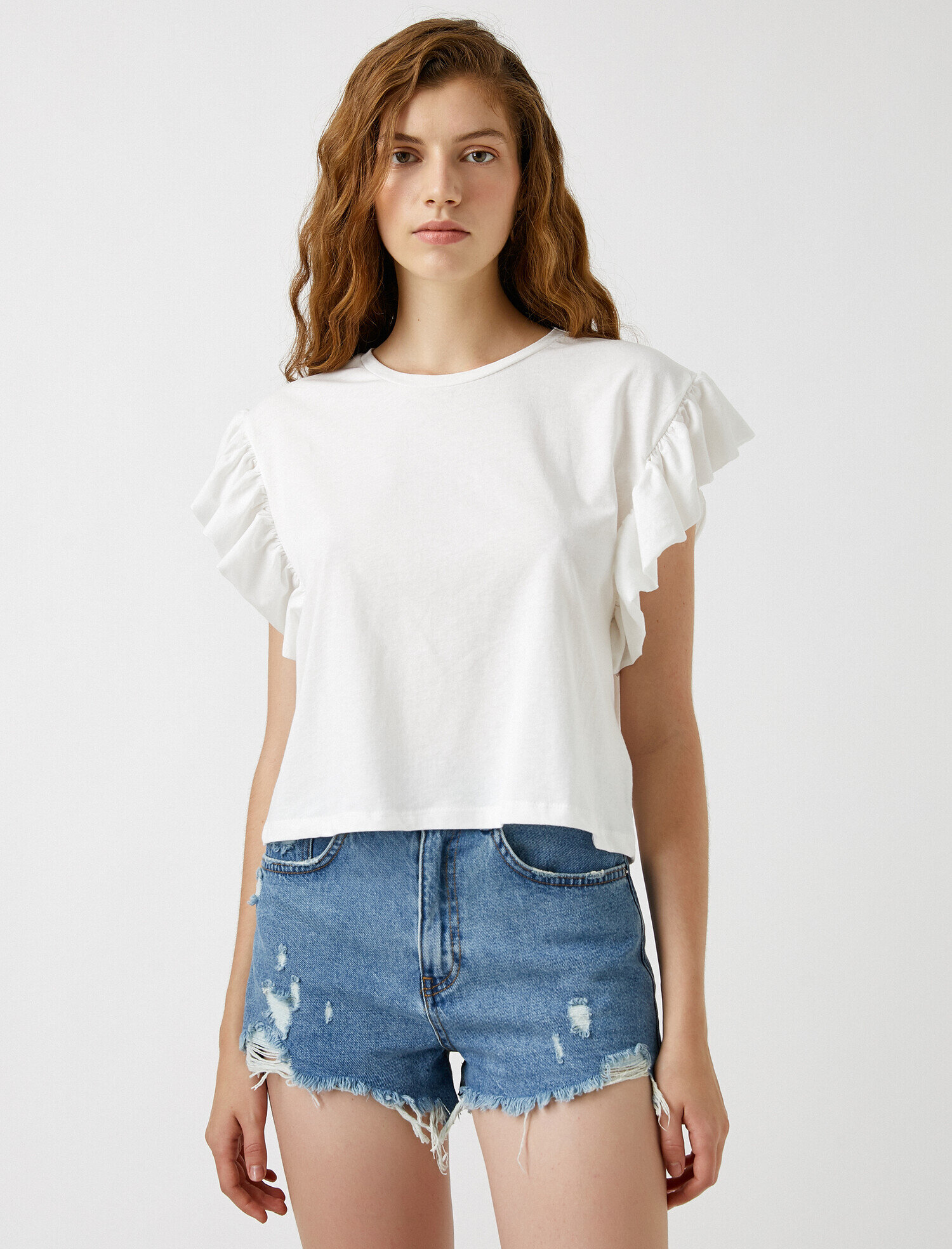   Fırfır Detaylı Kısa Kollu Tişört Pamuklu