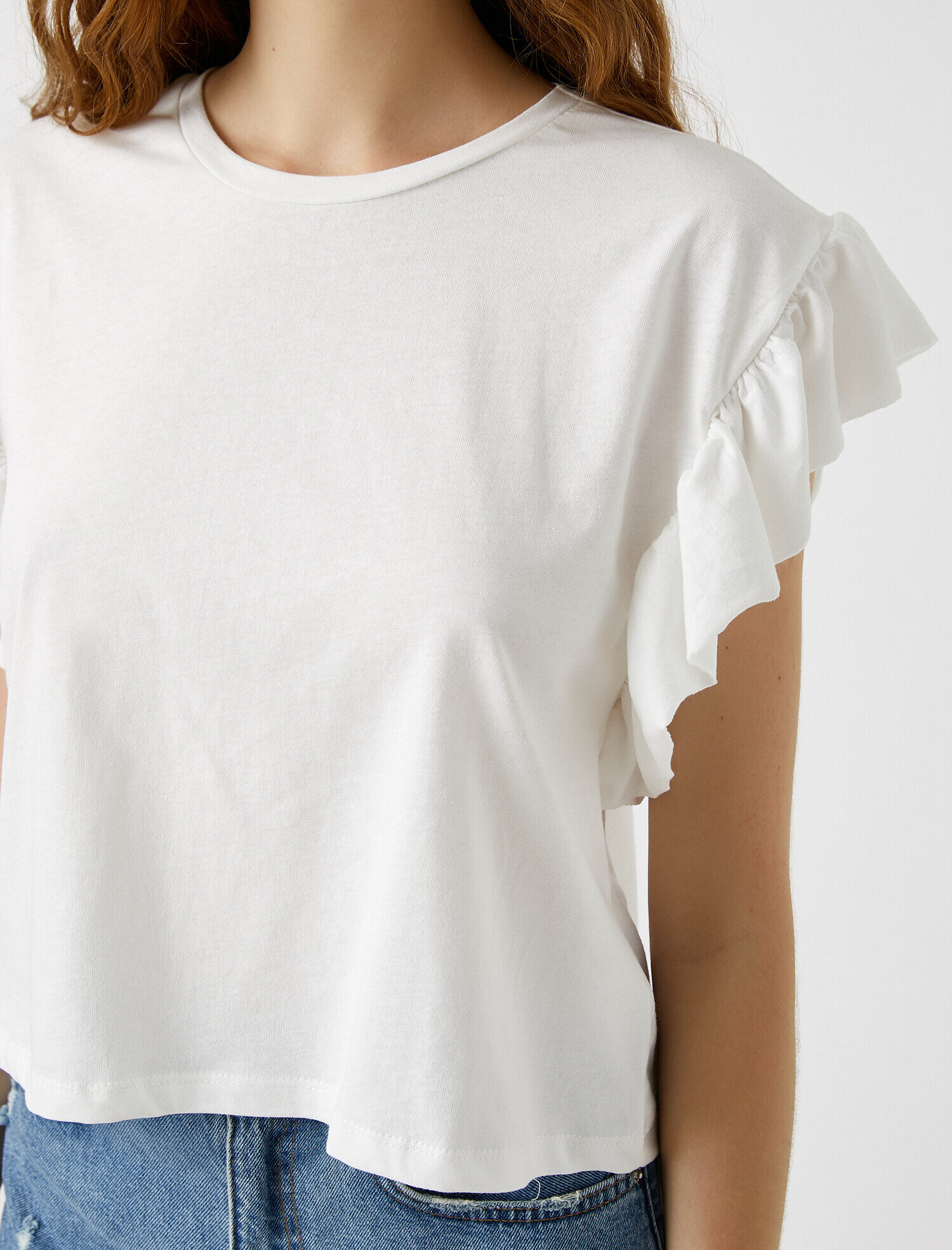   Fırfır Detaylı Kısa Kollu Tişört Pamuklu